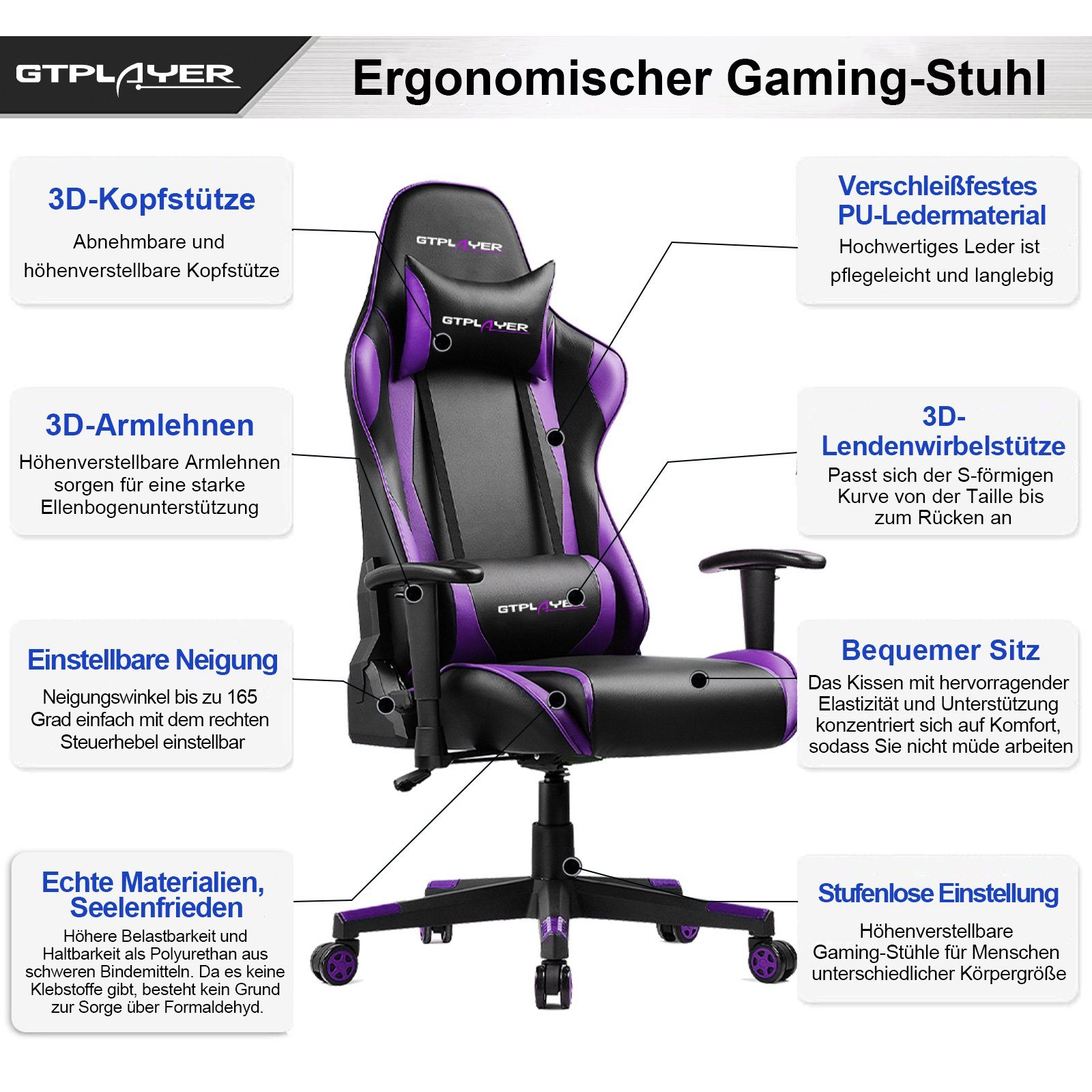 150 90°-165° Bürostuhl Stuhl, lila Gamer GTPLAYER Stuhl Gaming-Stuhl Neigungswinkel ergonomischer bis kg Gaming Sessel belastbar, Gaming