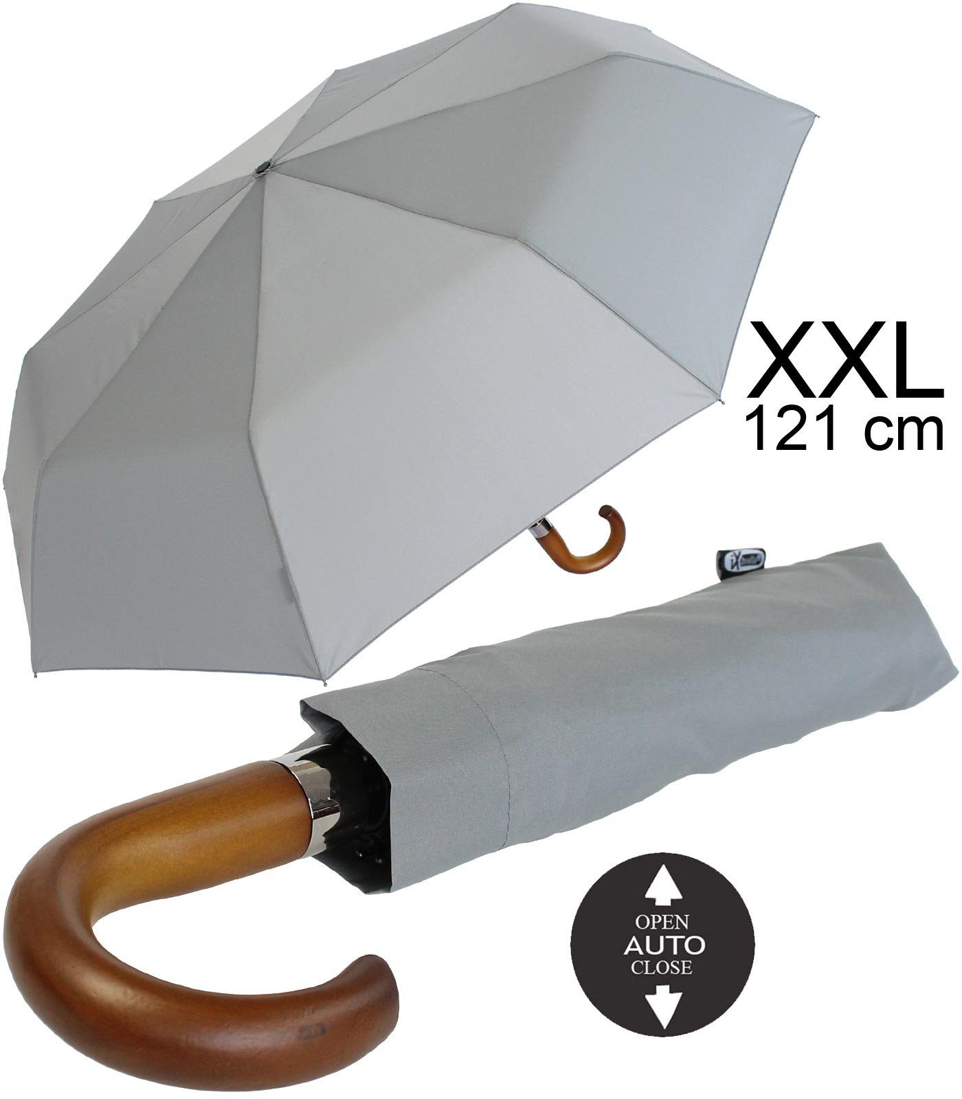 iX-brella Taschenregenschirm Automatik XXL Herrenschirm 121cm - mit Holzgriff, sehr großer Taschenschirm mit Rundhakengriff und Auf-Zu-Automatik business-grau