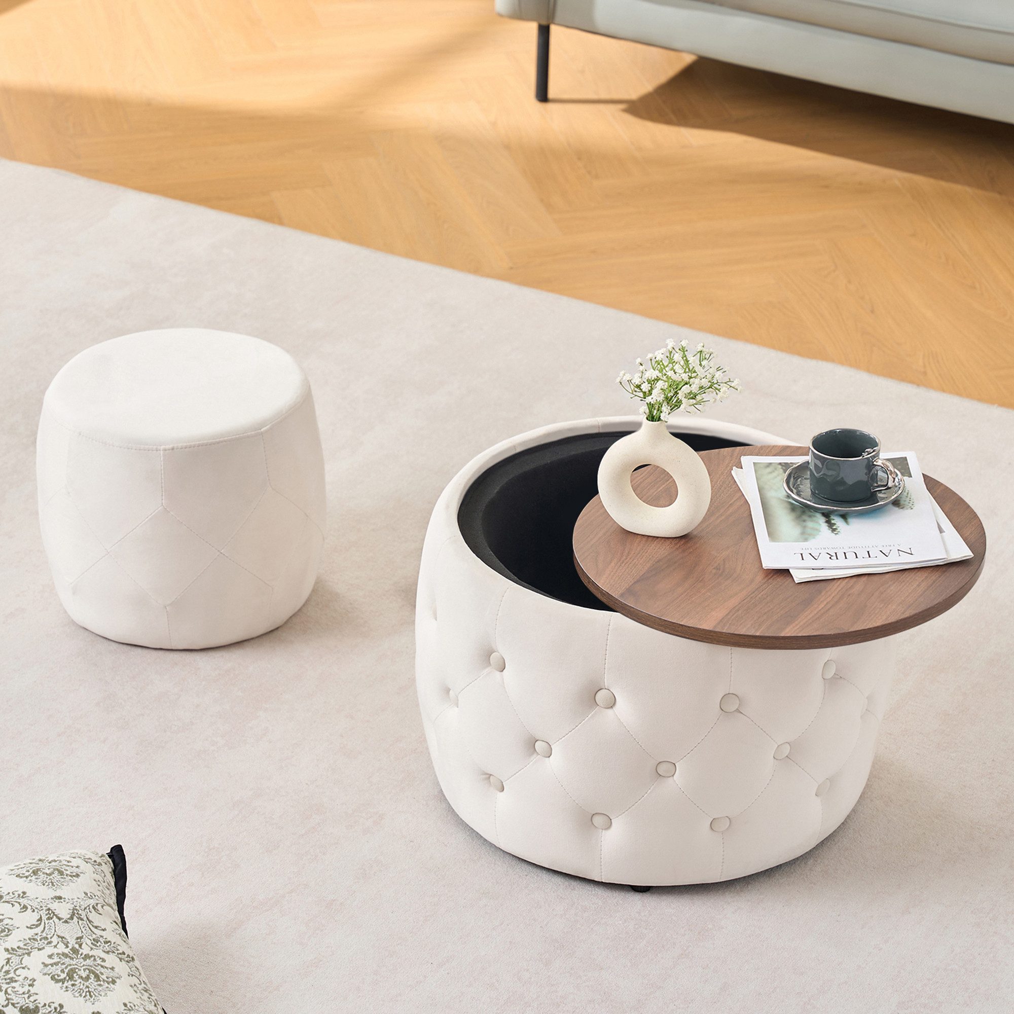 i@home Sitzhocker Luxuriöses 2er-Set Sitzhocker aus Samt mit Stauraum (Nesting-Hocker, Holzablage & 4-in-1-Funktion), Wohnzimmer-Sitzhocker, Fußhocker, Beistelltisch, Aufbewahrung