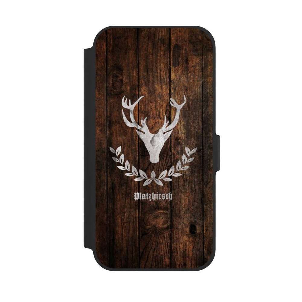 NIVOCASE Handyhülle Hirsch Holzoptik Holz Platzhirsch, Apple iPhone 12 Pro Klapphülle Handyhülle aus Kunst Leder