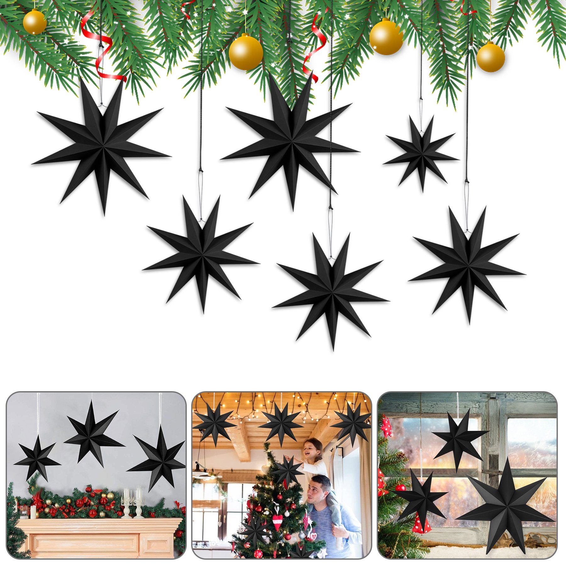 CALIYO Papierstern Faltstern Weihnachten, 9 Zacken Faltsterne Schwarz 6  Stück, Sterne Papier zum Fenster Dekoration, Advent, Weihnachtsbaum