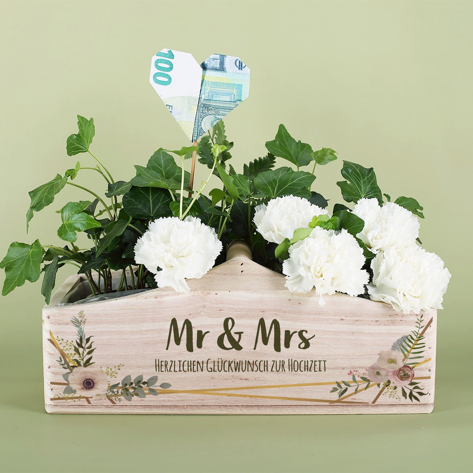 Herz & Heim Geschenkbox Präsentkorb zur Hochzeit - Geschenkverpackung für Hochzeitsgeschenke, aus Holz, mit Griff – Bild 3 von 4