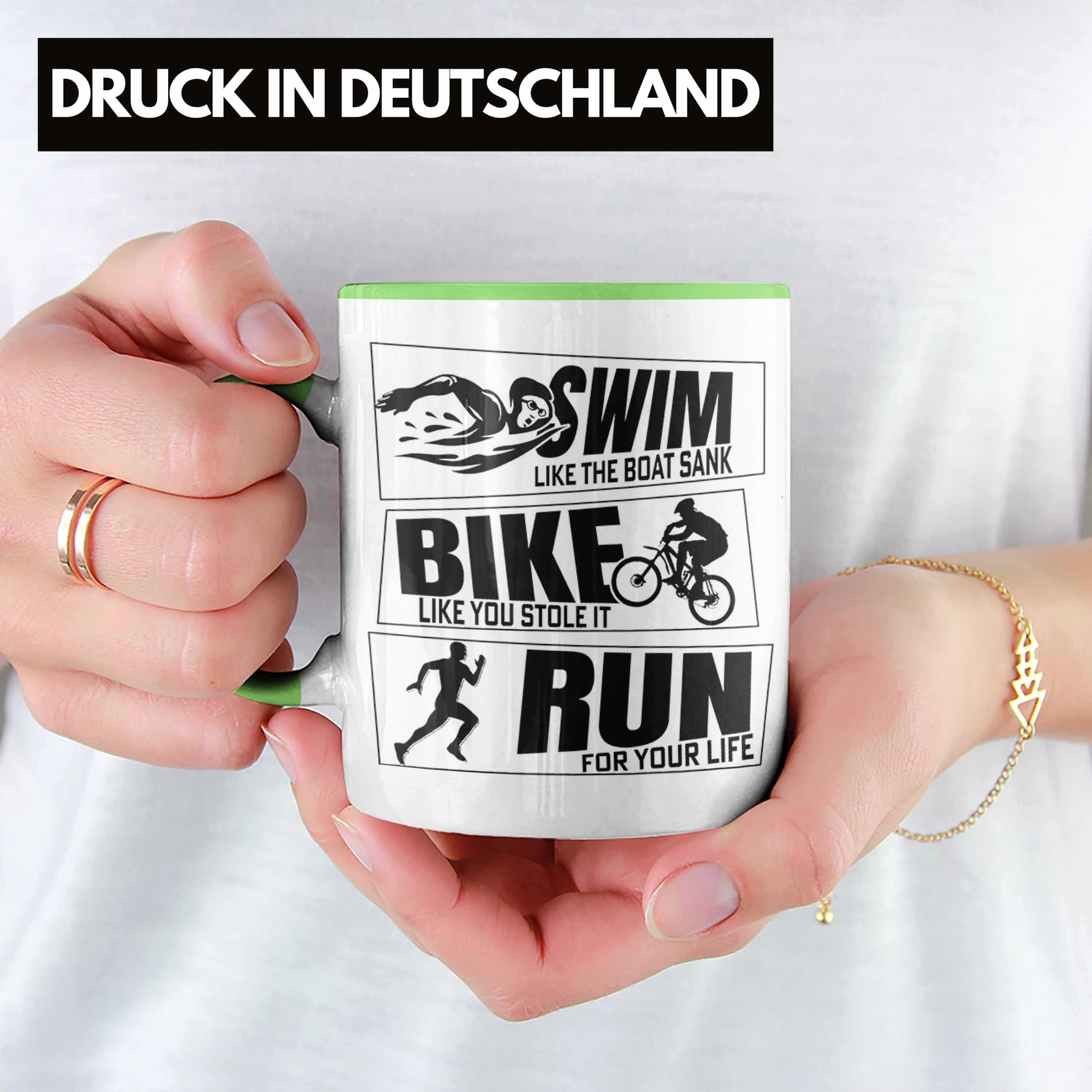 Trendation Tasse Triathlon Tasse Geschenk Spruch Geschenkidee Run Grün Swim Sportl für Bike