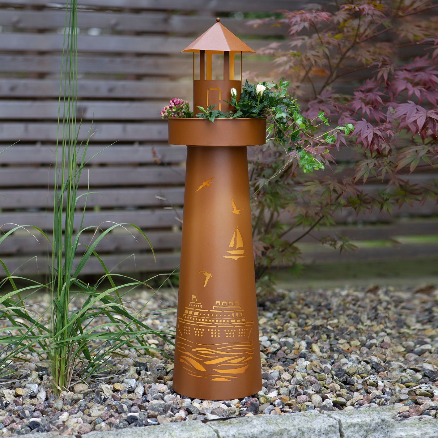 LED in - Garten Säule Hoberg Pflanzsäule 80cm, Deko Deko-Leuchtturm Beleuchtung XL Dekosäule Pflanzschale Außen Rost-Optik