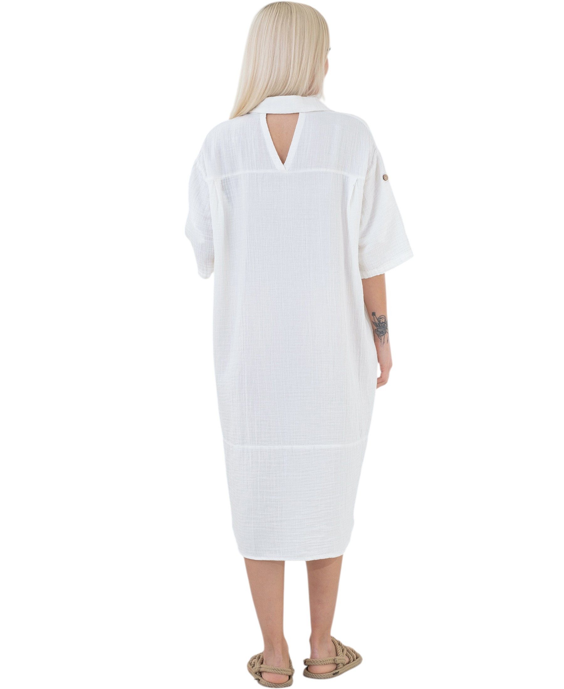WENOR Blusenkleid Musselin Damen Tunika Kleid Baumwolle Oversize Sommerkleid Locker geschnitten mit Hemdkragen, Knopfleiste und Seitentaschen