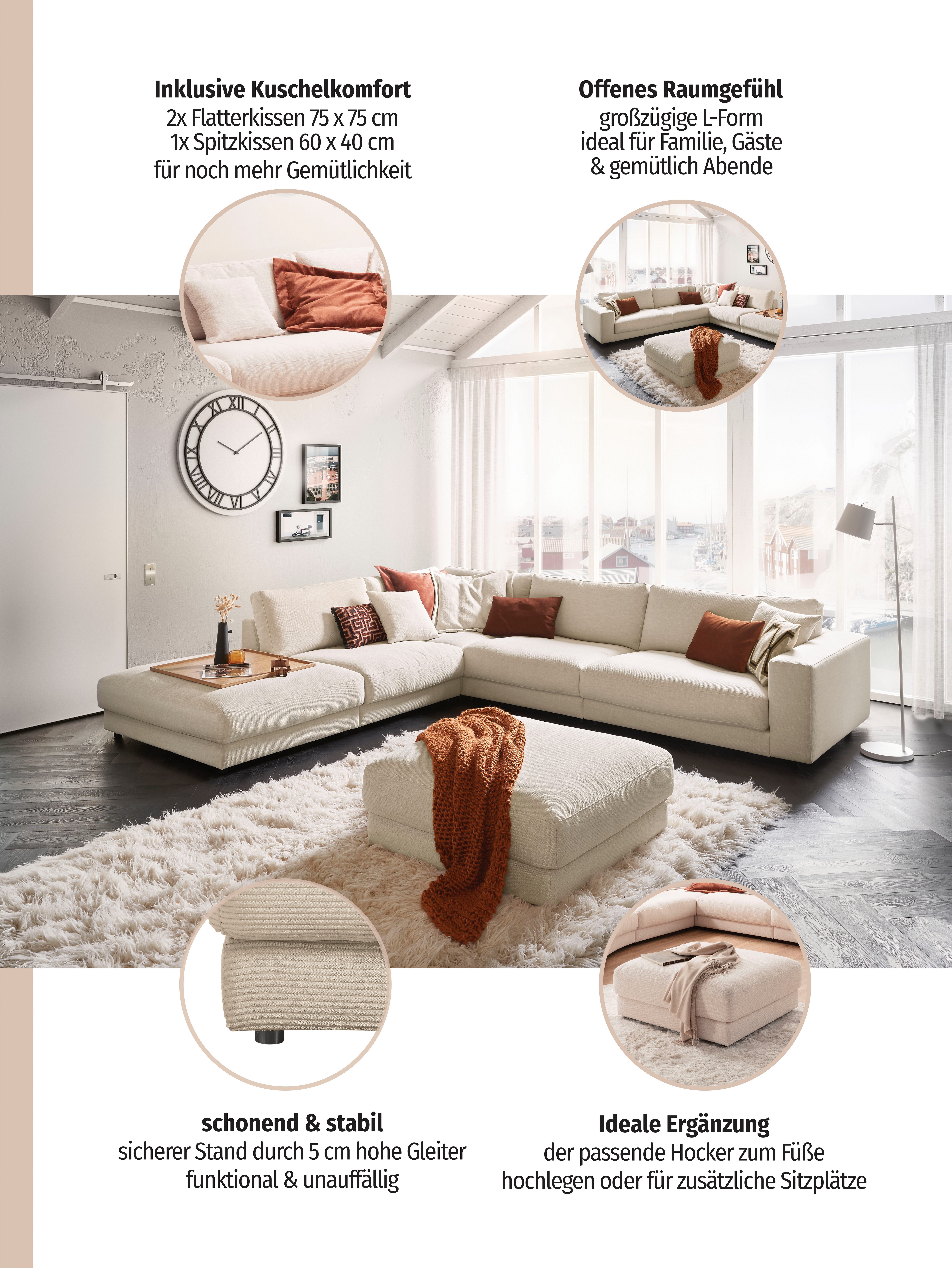 3C Candy Ecksofa Enisa II, bequem und komfortabel, großes Familiensofa, L-Form, incl. 3 Flatterkissen, wahlweise mit Flecken-Schutz-Bezug Easy care