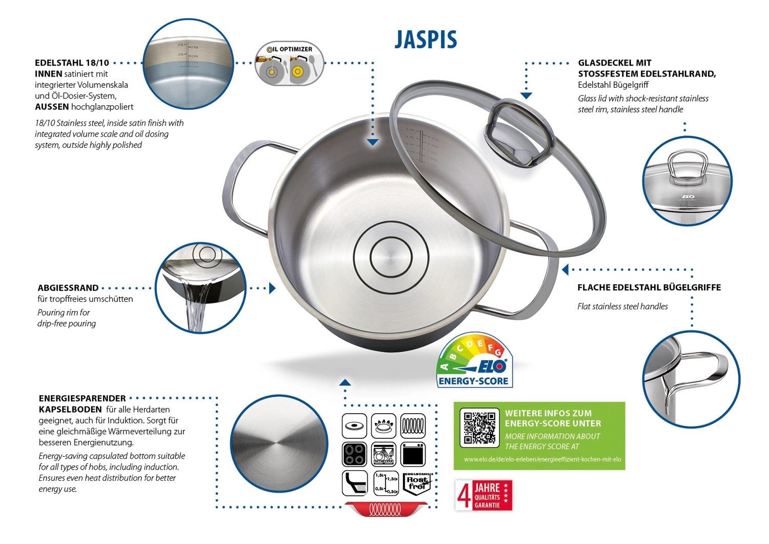 Elo Topf-Set JASPIS, 5-teilig, mit Glasdeckel, poliert, Edelstahl, Innenskalierung, Abgießrand