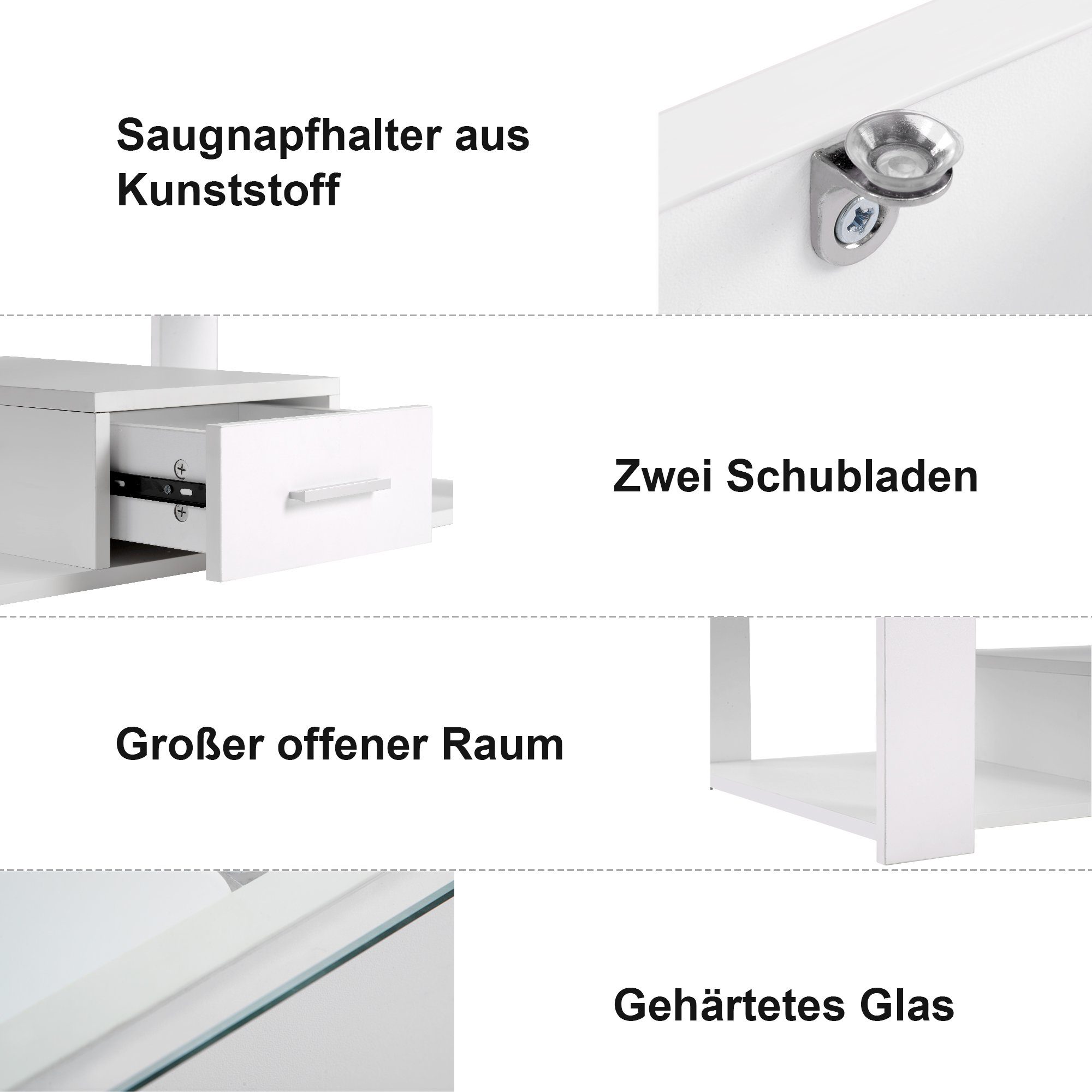 Couchtisch, mit Schublade und Ablageboden, Tischplatte aus Glas, 100 x 50 x 40cm