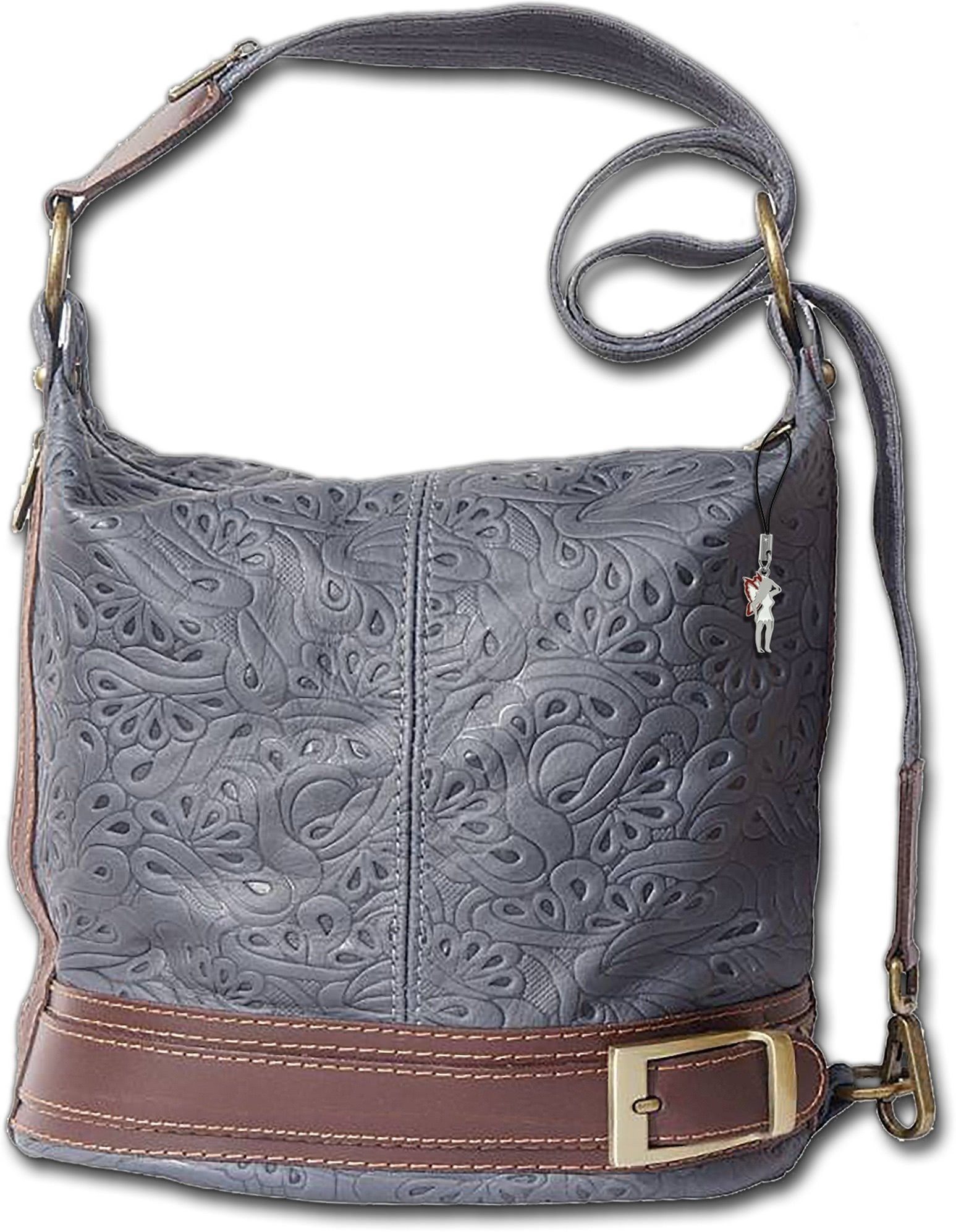 FLORENCE Cityrucksack Florence echte Leder Damentasche (Cityrucksack), Damen Tasche Echtleder grau, braun, floral mit Blumen Made-In Italy