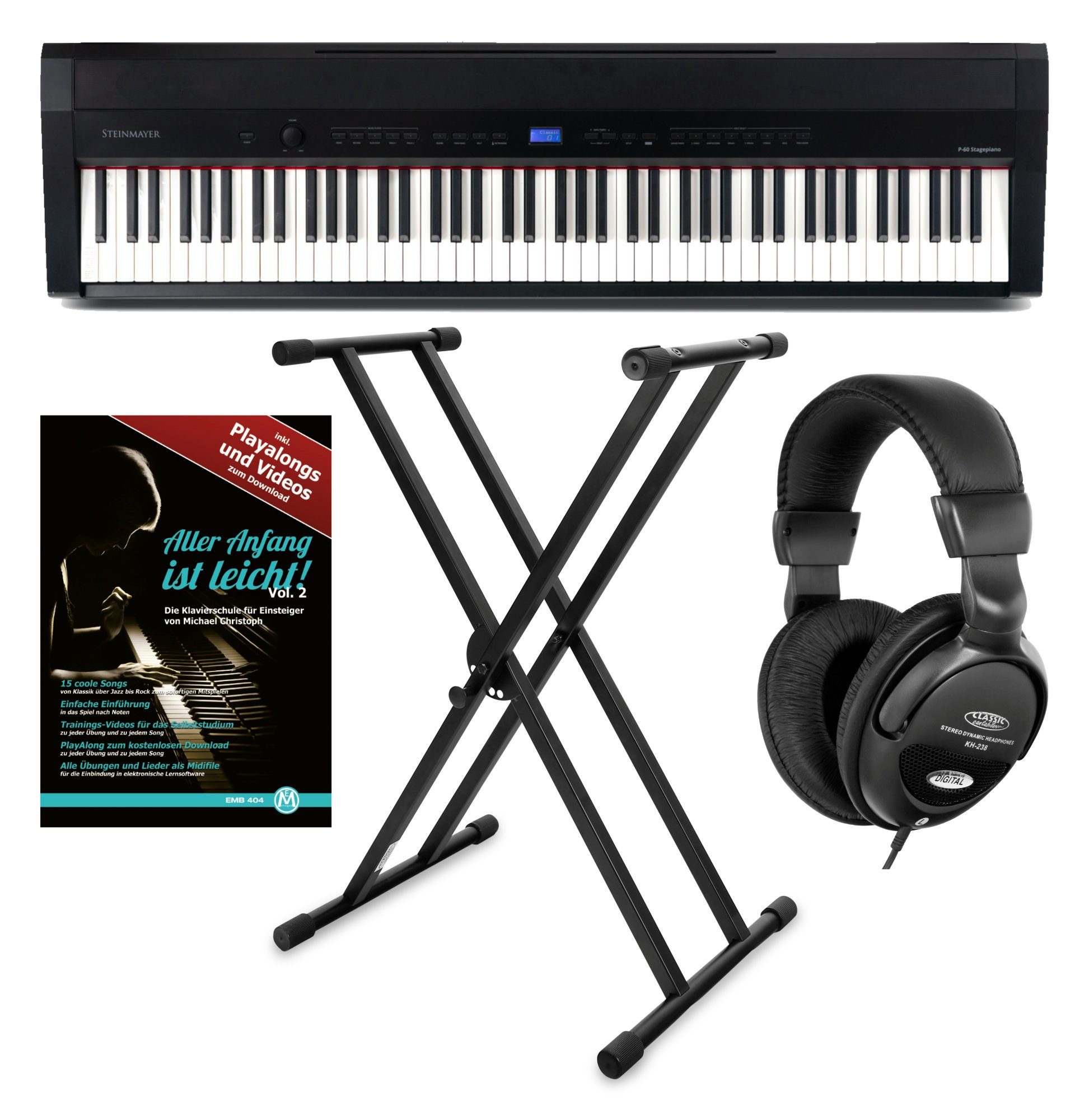 Steinmayer Stage-Piano P-60 Stagepiano 88 Tasten, (Stage-Set, inkl. X-Keyboardständer, Kopfhörer & Schule), Hammermechanik, 128-fach polyphon, Aufnahme- & Begleitfunktion