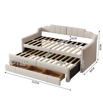 Ulife Einzelbett Tagesbett Schlafsofa Einzelbett mit Schubladen 90 x 200 cm, Ausziehbett 90x190cm