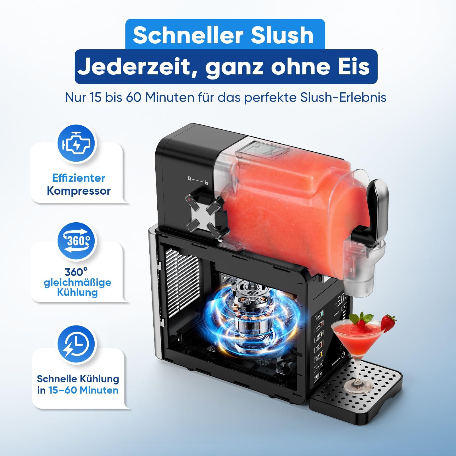 Azmsary Slush Maker Slush & Eismaschine 6-in-1, LED, Selbstreinigung, Edelstahl, (Preiswertes Paket, 3-tlg., Inklusive: 1 × Slushie-Maschine, 1 × Anleitung, 1 × Rezeptbuch), 2.5L