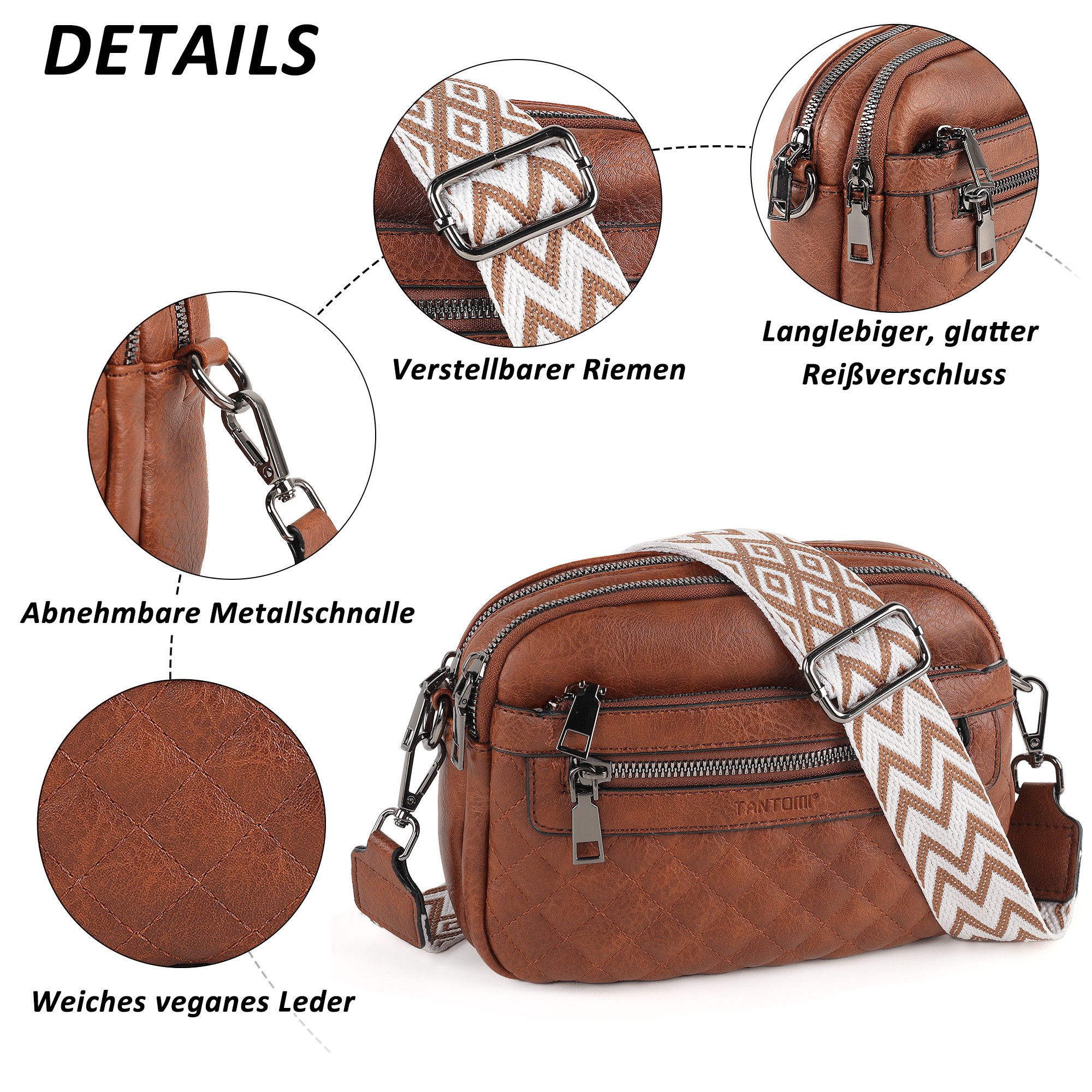 TANTOMI Schultertasche Umhängetaschen Damen, Crossbody Bag mit mehreren Fächern (Damen Handtasche mit Weich Breiter Gurt), Design mit mehreren Reißverschlüssen – Bild 5 von 5