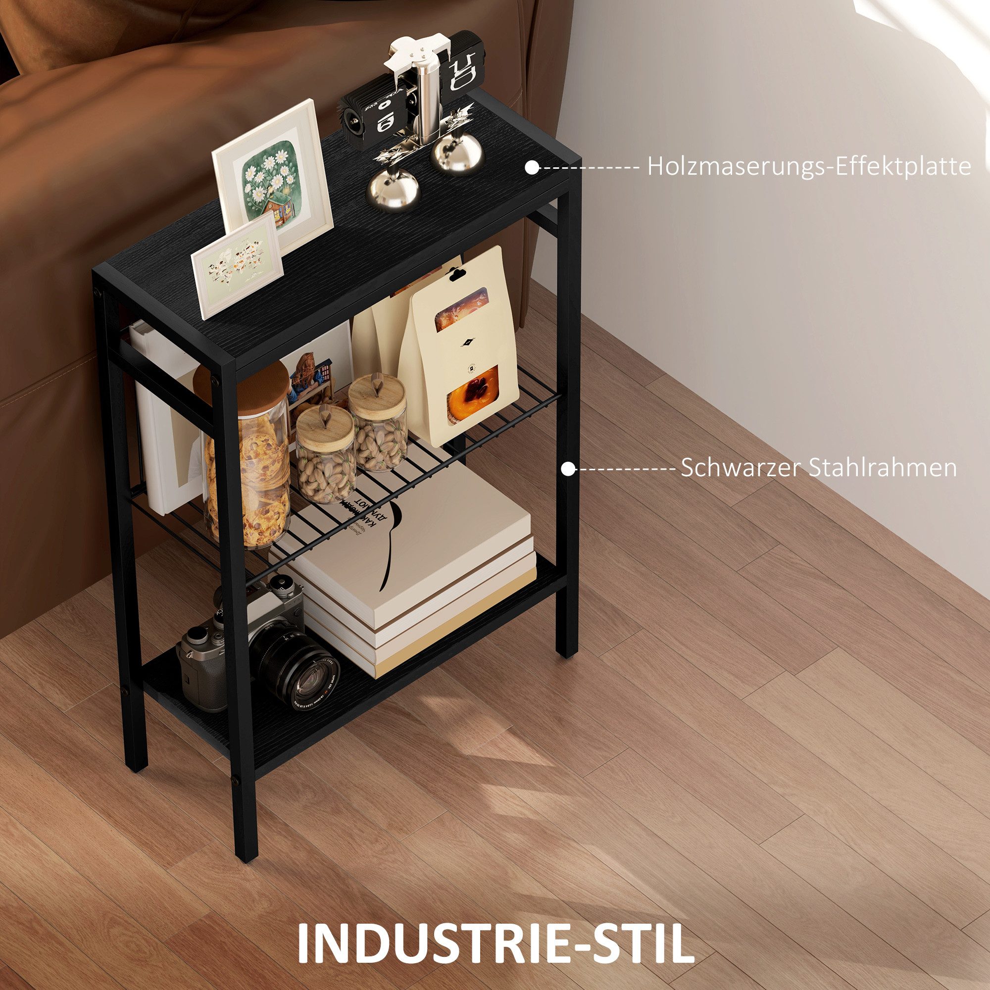 HOMCOM Beistelltisch kleiner Couchtisch mit Ablagen, Sofatisch mit Stahlrahmen (Nachttisch, 1-St., Sofatisch), für Wohnzimmer, Schlafzimmer, Schwarz – Bild 5 von 5
