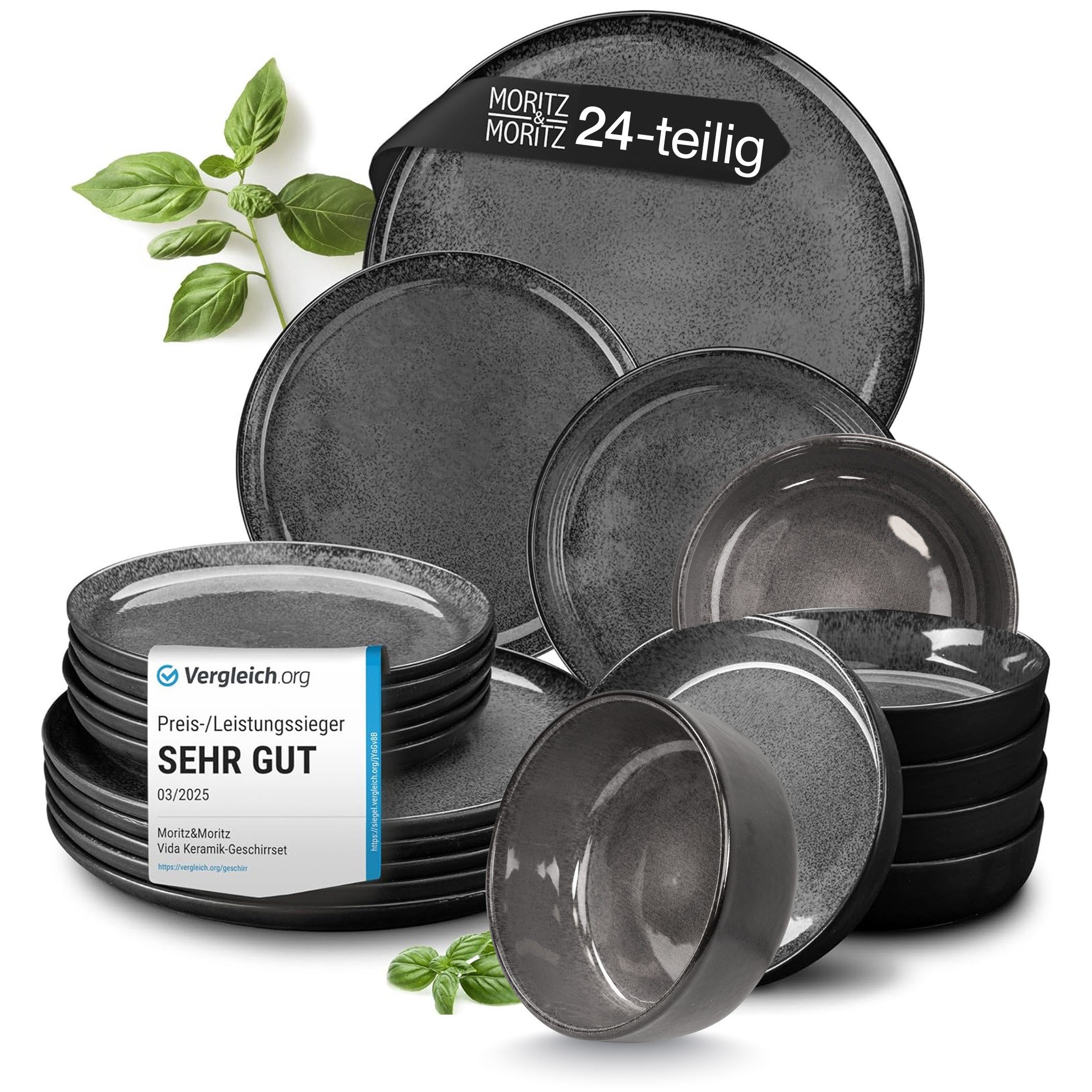 Moritz & Moritz Tafelservice VIDA Geschirrset mit Müslibowls Anthrazit (24-tlg), 6 Personen, Porzellan, Kombigeschirr für 6 Personen