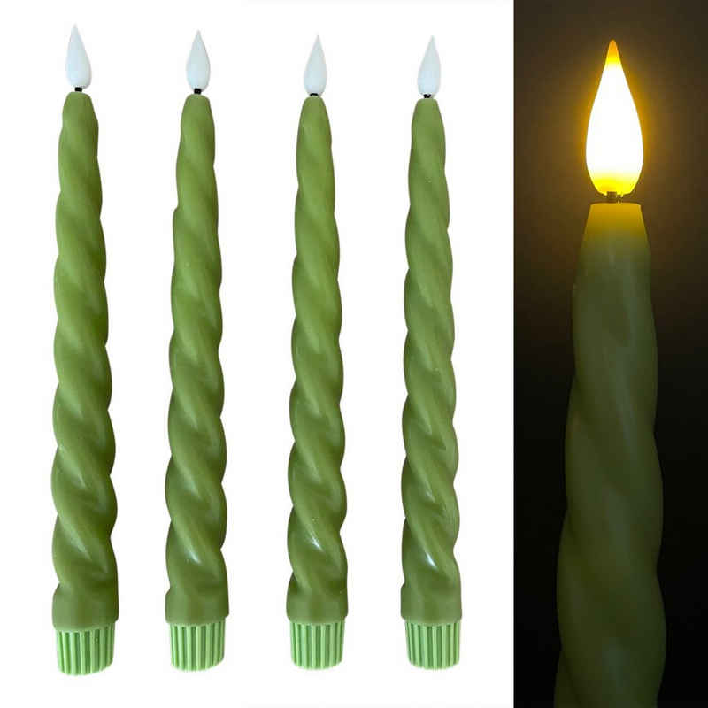Online-Fuchs LED-Kerze 4 Stabkerzen gedreht aus Echtwachs mit Fernbedienung und Timer (im Set, (Weiß, Rosa, Lila und Grün), täuschend echte Flamme
