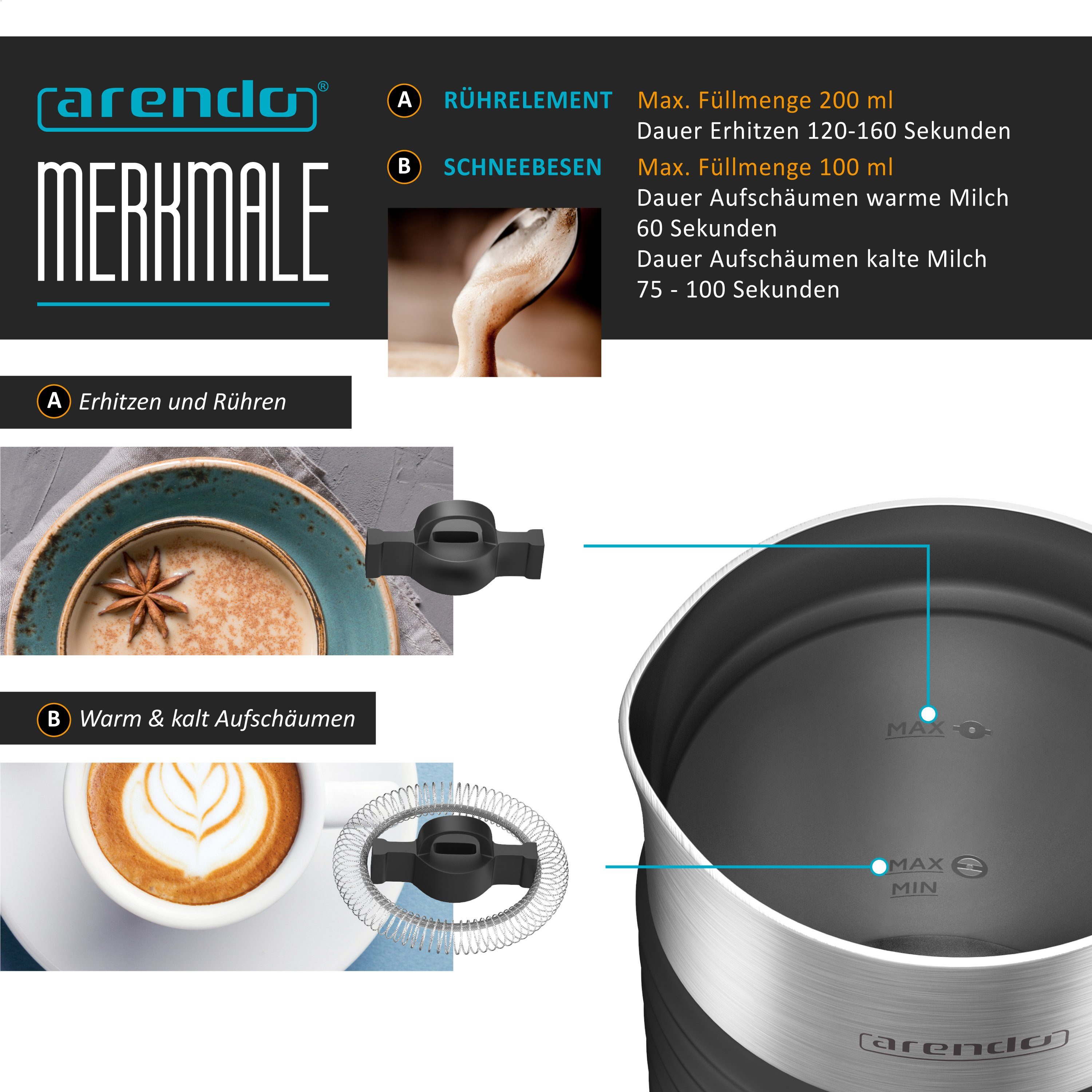 Arendo Milchaufschäumer elektrisch, automatisch, Milk Frother, Warm & Kaltaufschäumen, 435 W, Milch Aufschäumer für Cappuccino, Latte Macchiato, Heiße Schokolade