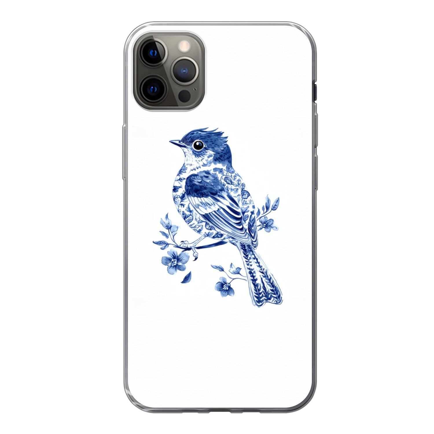 MuchoWow Handyhülle für Apple iPhone 13 Pro Max Vogel - Delfter Blau - Illustration - Blum, Smartphone-Bumper, Print, Handy Schutzhülle Dünn