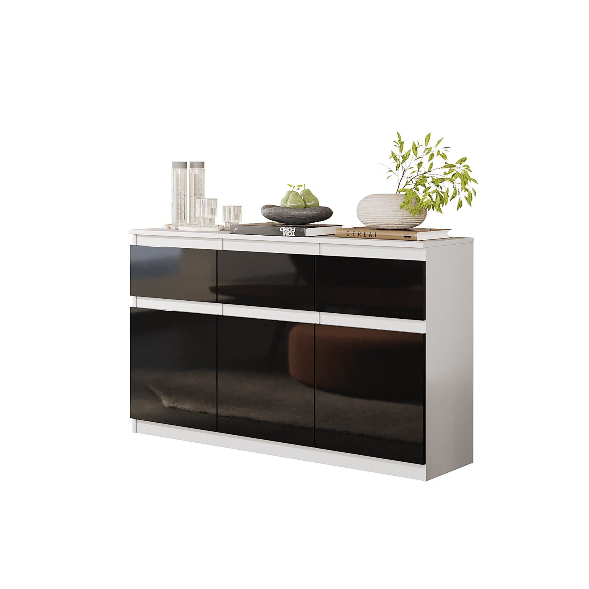 Furnica Kommode Sideboard NOAH 120cm - Weiß Matt / Schwarz Hochglanz