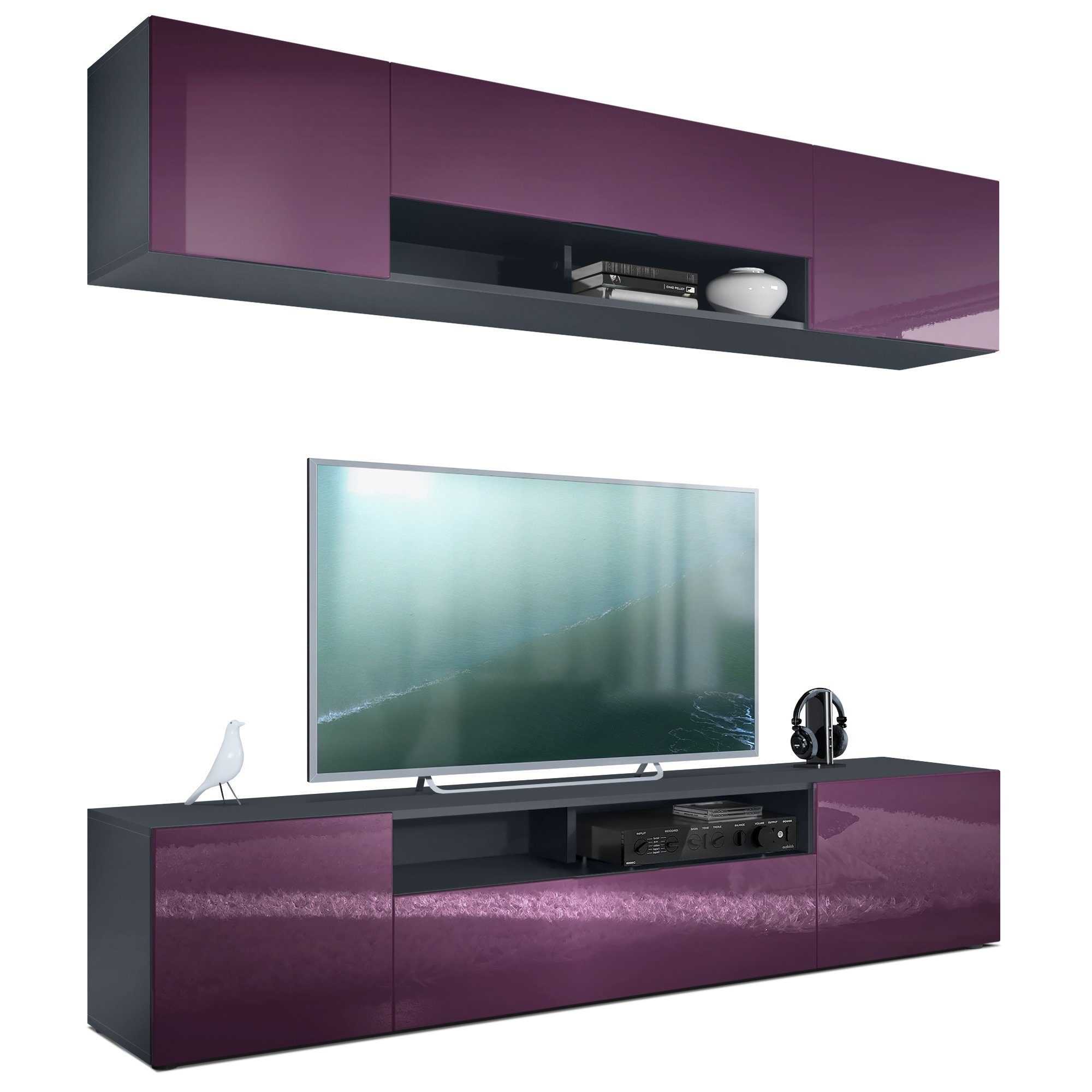 Vladon Wohnwand Mogan, (Anbauwand bestehend aus 2 TV-Boards, mit jeweils 2 Türen, 1 Klappe und 1 offenes Fach), Anthrazit matt/Brombeer Hochglanz 2x (181 x 39 x 35 cm)