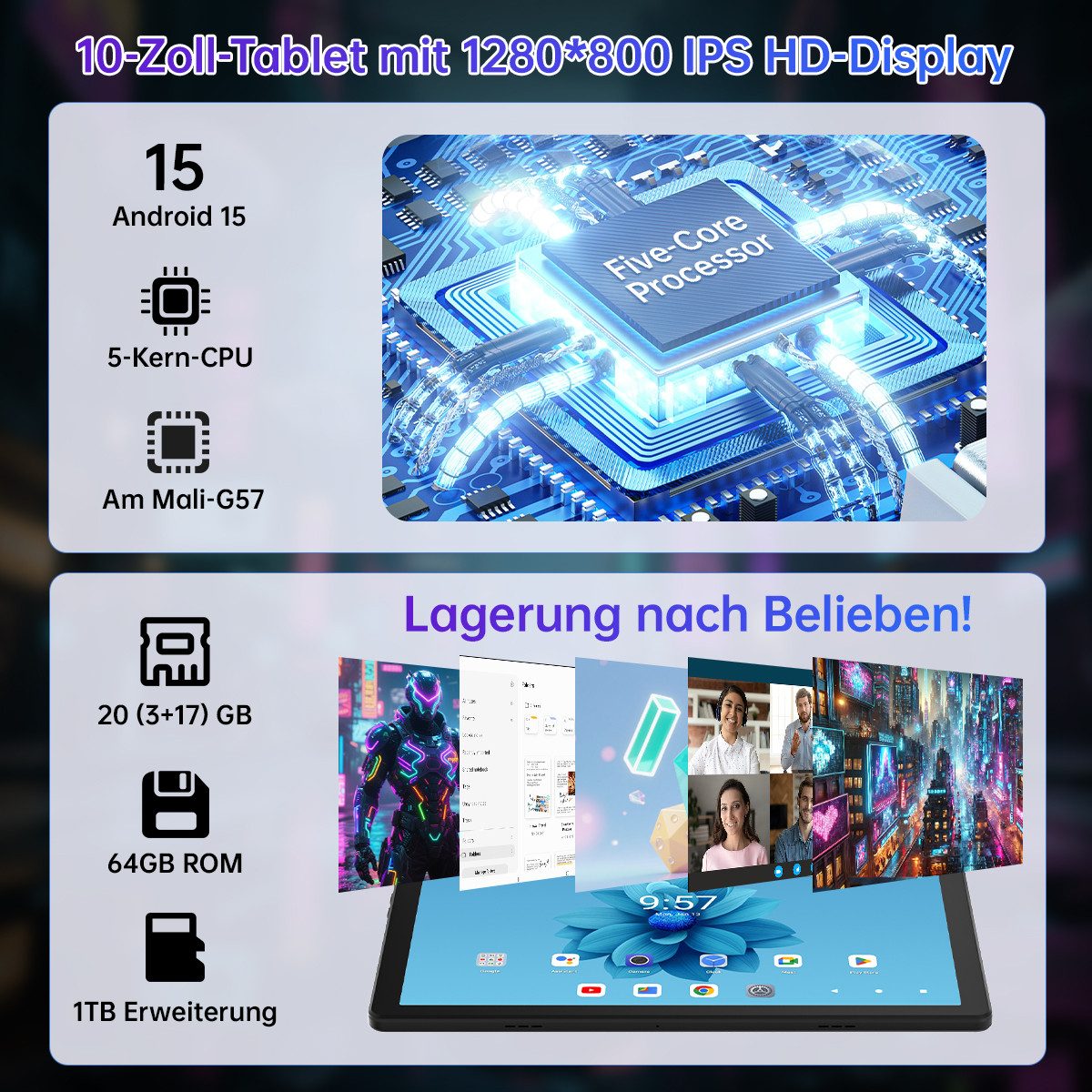 BUFO 10-Zoll-Tablet, 64GB, Android, HD IPS-Touchscreen, Dual-Kamera Tablet (10", 64 GB, Android, WiFi, Android 15, 5-Kern-Prozessor 20(3+17)GB RAM, 64GB ROM, WiFi 6 BT5.4)
