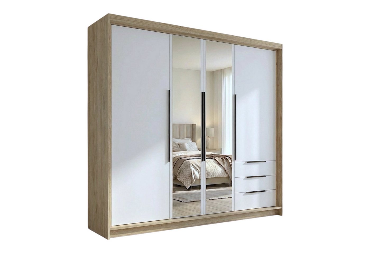 A&J MöbelLand GmbH Drehtürenschrank VIVO mit integrierten Schubladen (Geräumiger vier¬türiger Kleiderschrank mit Schubladen und Metallgriffen. Geräumiger Schrank mit einer Breite von 200 cm und Schubladen, ideal zur Aufbewahrung von Kleidung und Accessoir
