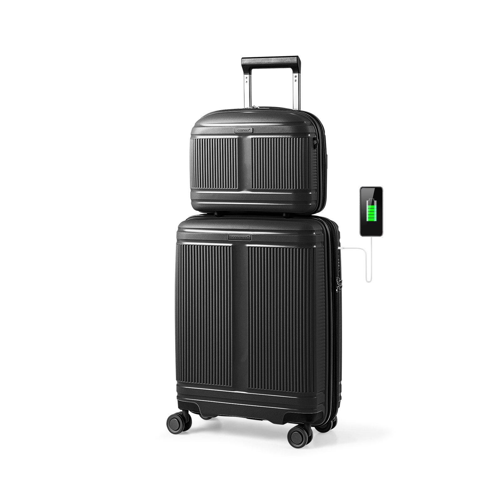 COSTWAY Hartschalen-Trolley 35L, 4 Rollen, Koffer Set erweiterbar mit USB