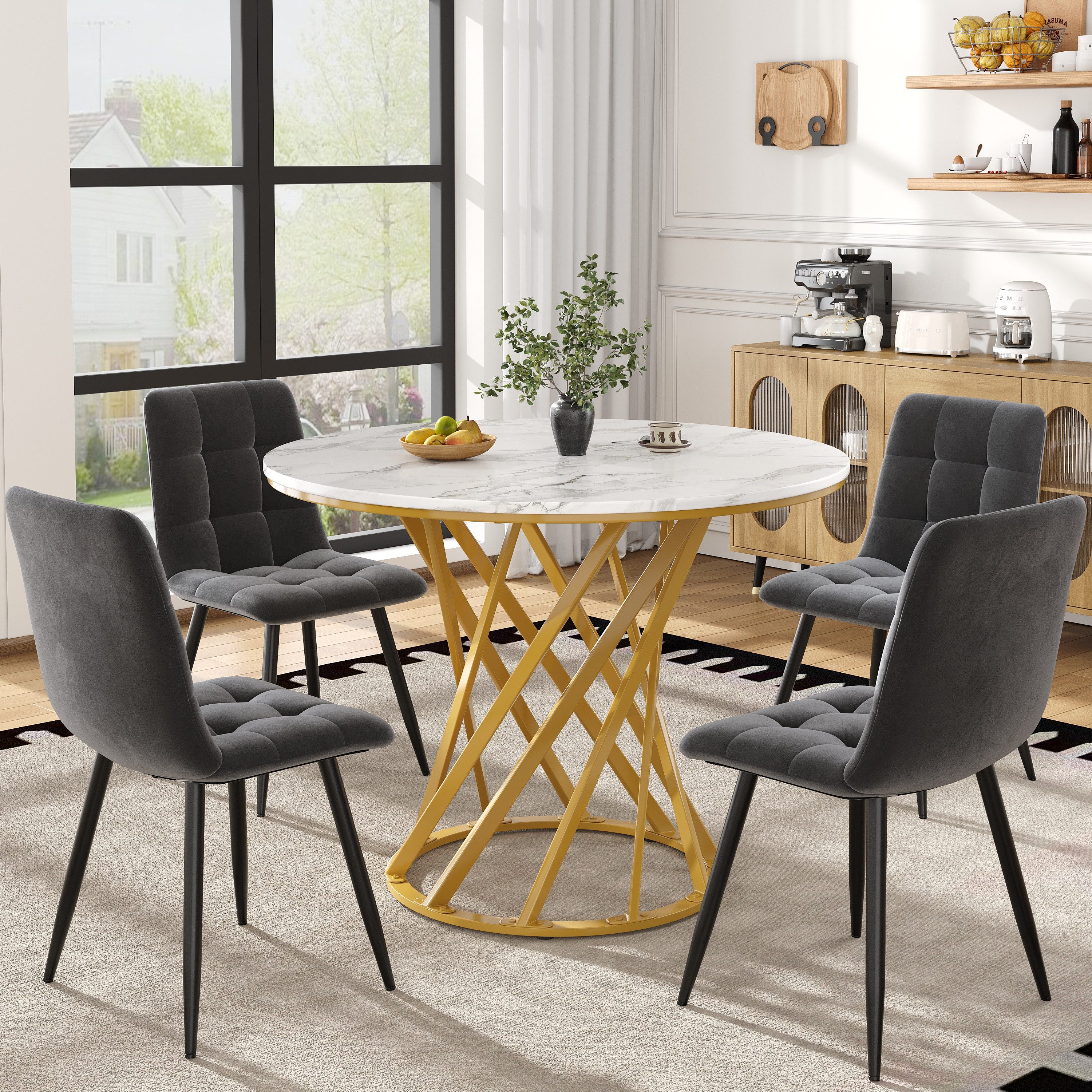 STILVORA Essgruppe Esstisch-Set mit 4 Stühlen,rundes Tischset mit goldenen Beinen,Grau, (Stuhl:44*41*86 Esstisch:Durchmesser 80 cm, Höhe 76 cm)