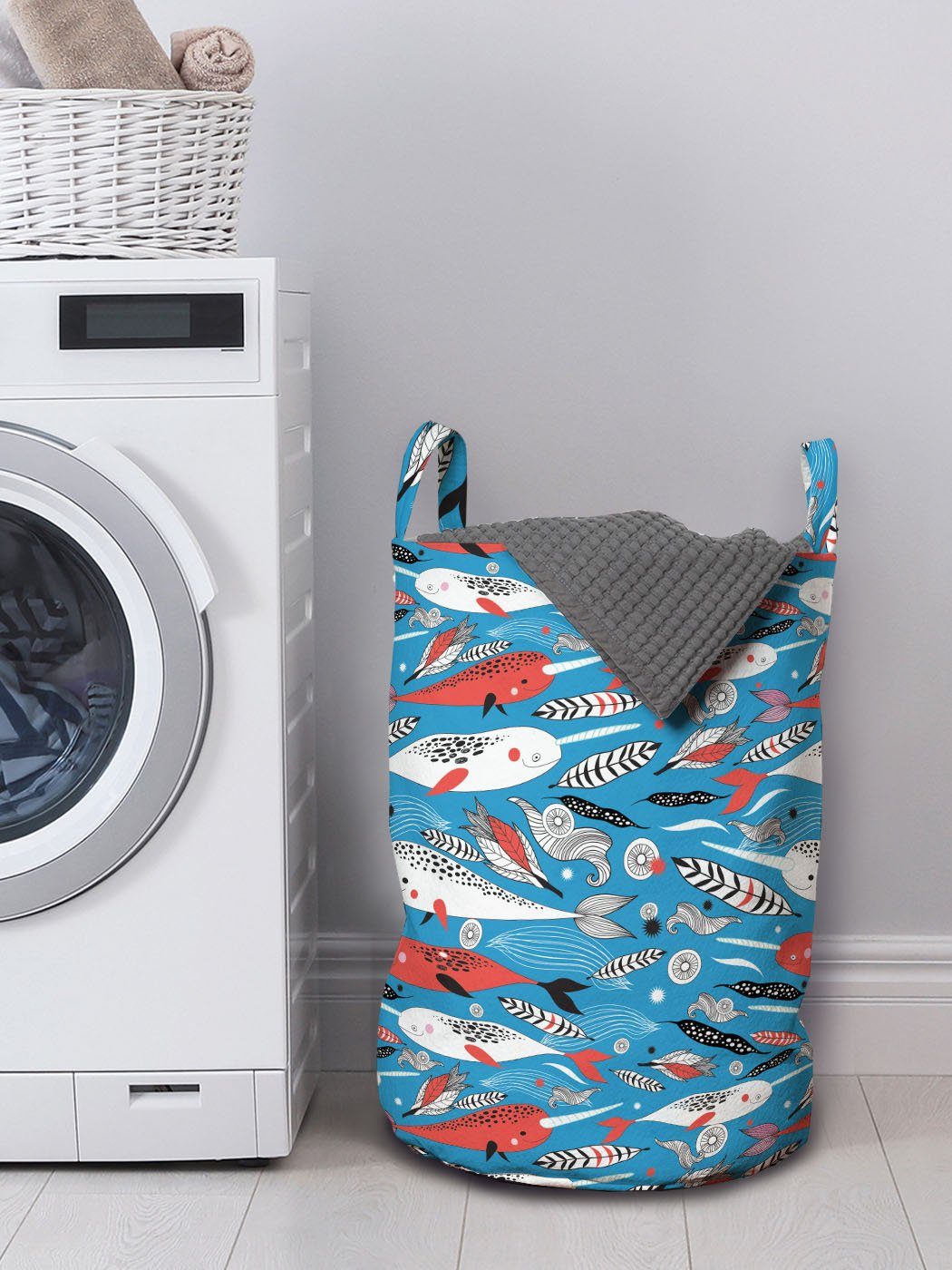 Abakuhaus Wäschesäckchen Wäschekorb mit Griffen für Narwal Muster Kordelzugverschluss Waschsalons, Unterwasserleben
