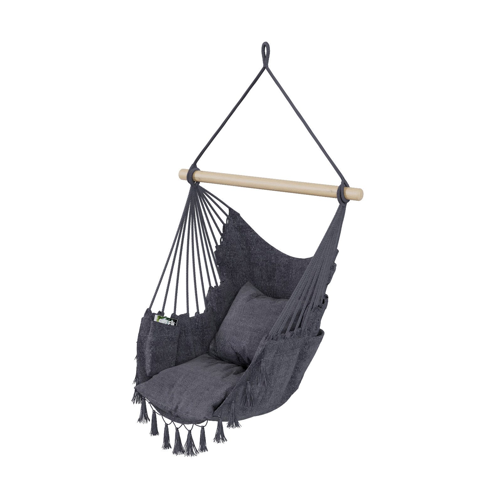 QLS Hängesessel 130x100 cm mit 2 Kissen bis 200 kg Graphit, Hängestuhl Boho-Stil 130 x 100 cm