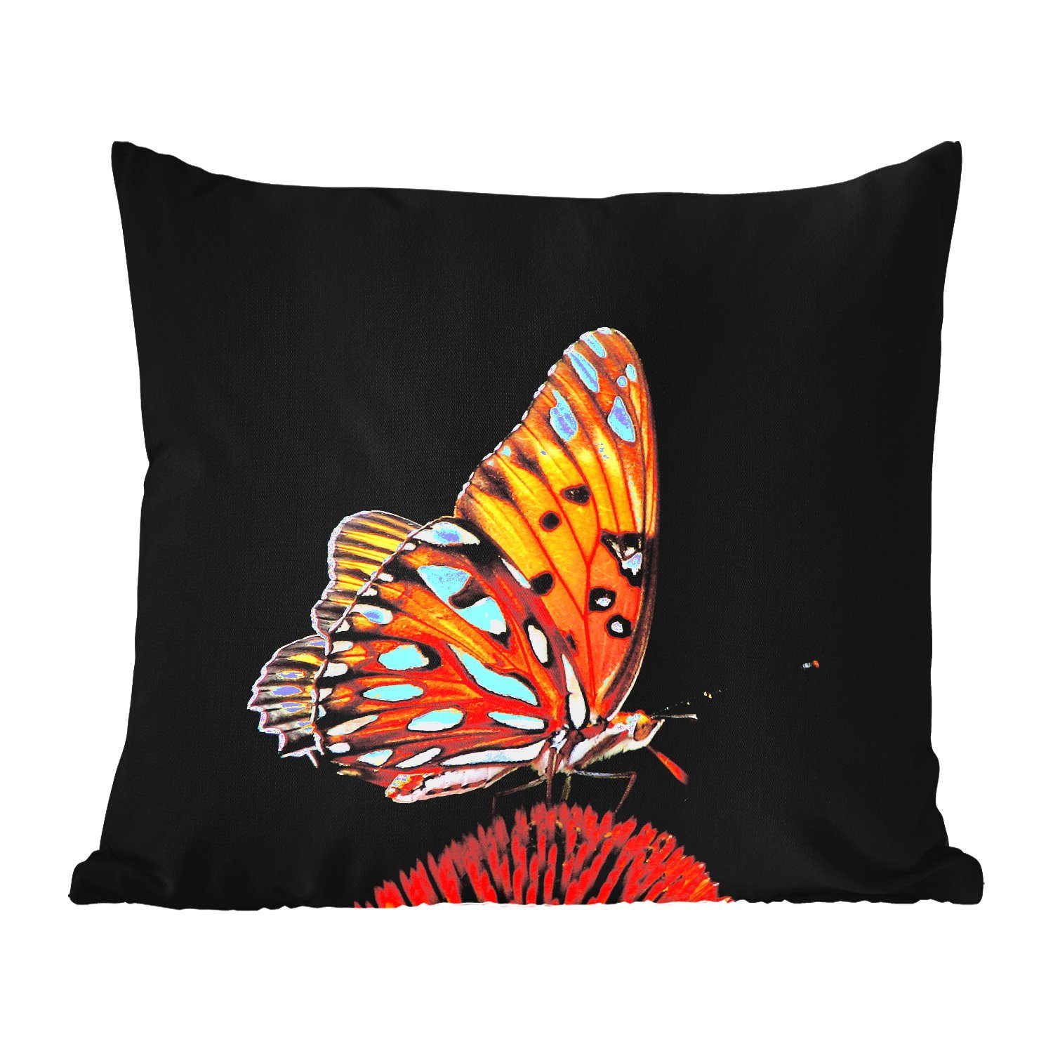 MuchoWow Dekokissen Schmetterling - - - Blumen - Kissenbezüge, Kissenhülle, Dekokissenbezug, Porträt Schwarz - Insekt Outdoor Orange, Dekokissen