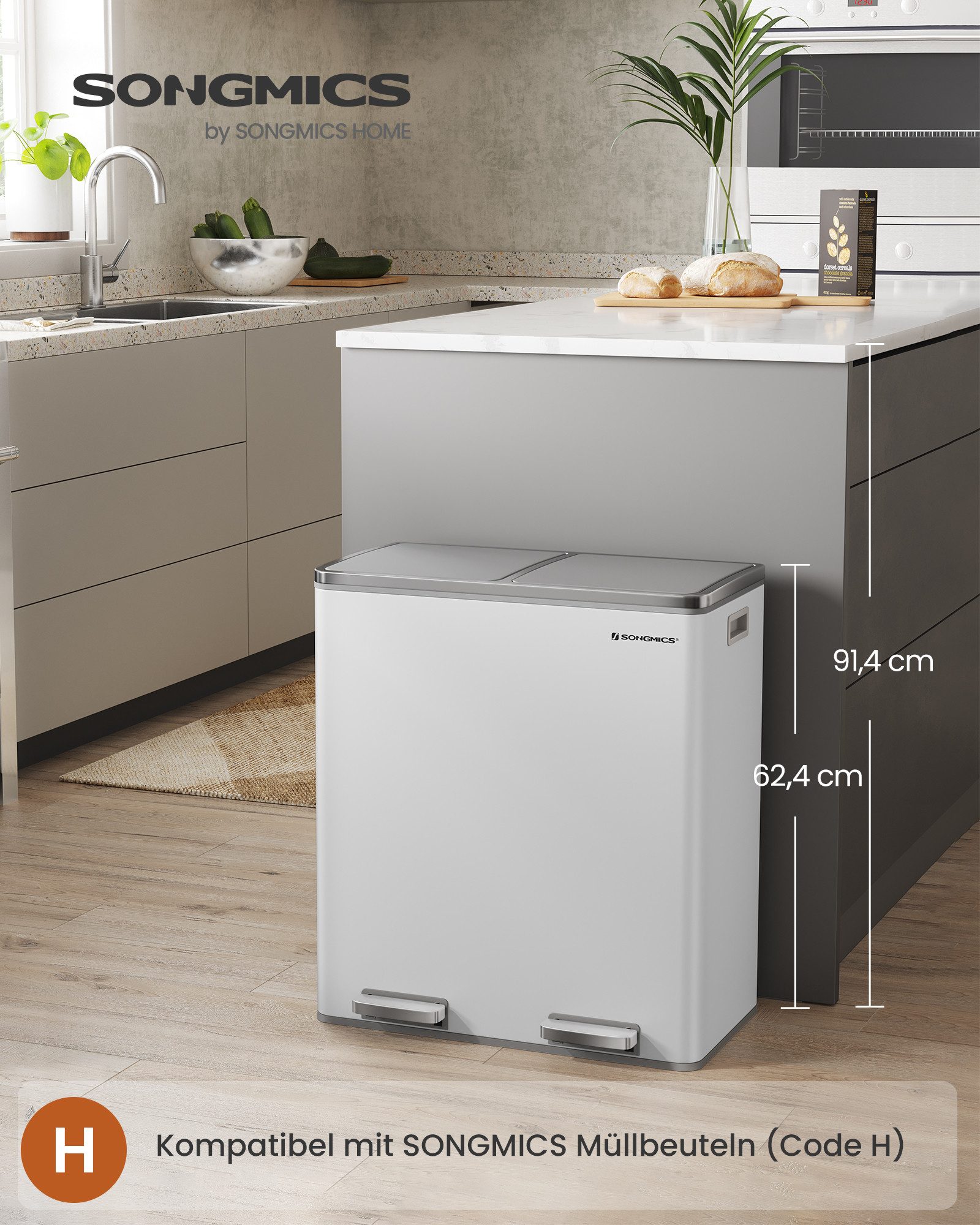 SONGMICS Mülleimer 2 Fächer, Mülltrennsystem, Treteimer, Abfalleimer Küche, 15 Müllsäcke, 2x30L, Inneneimer aus Kunststoff, Klappdeckel, Softclose, luftdicht