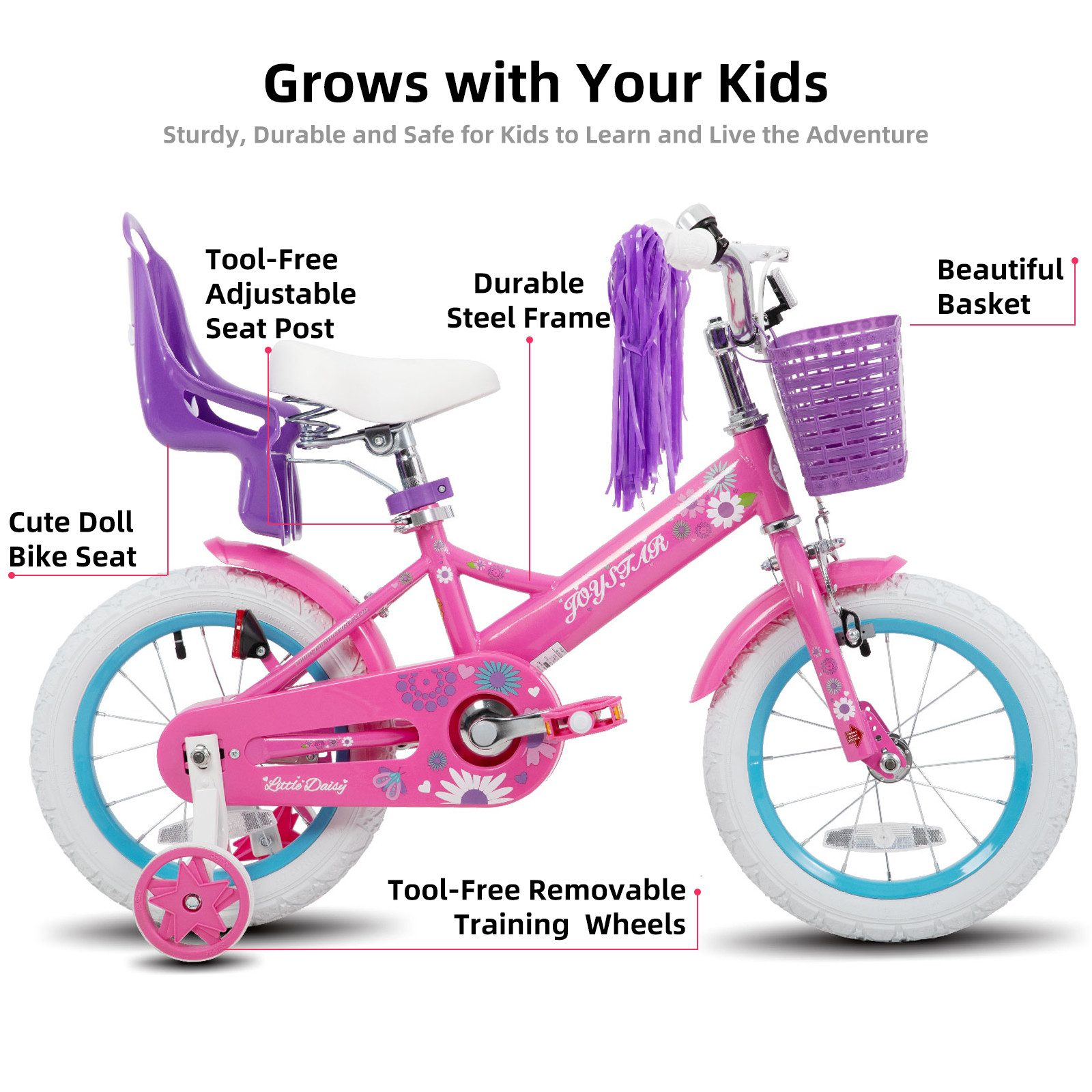 JOYSTAR Kinderfahrrad 12, 14, 16 Zoll Mädchenfahrrad, 3 - 8 Jahre,Geschenk für Prinzessin, 1 Gang, Mit Hilfsrädern, farbigen Bändern, Korb, Reflektor, Kettenabdeckung