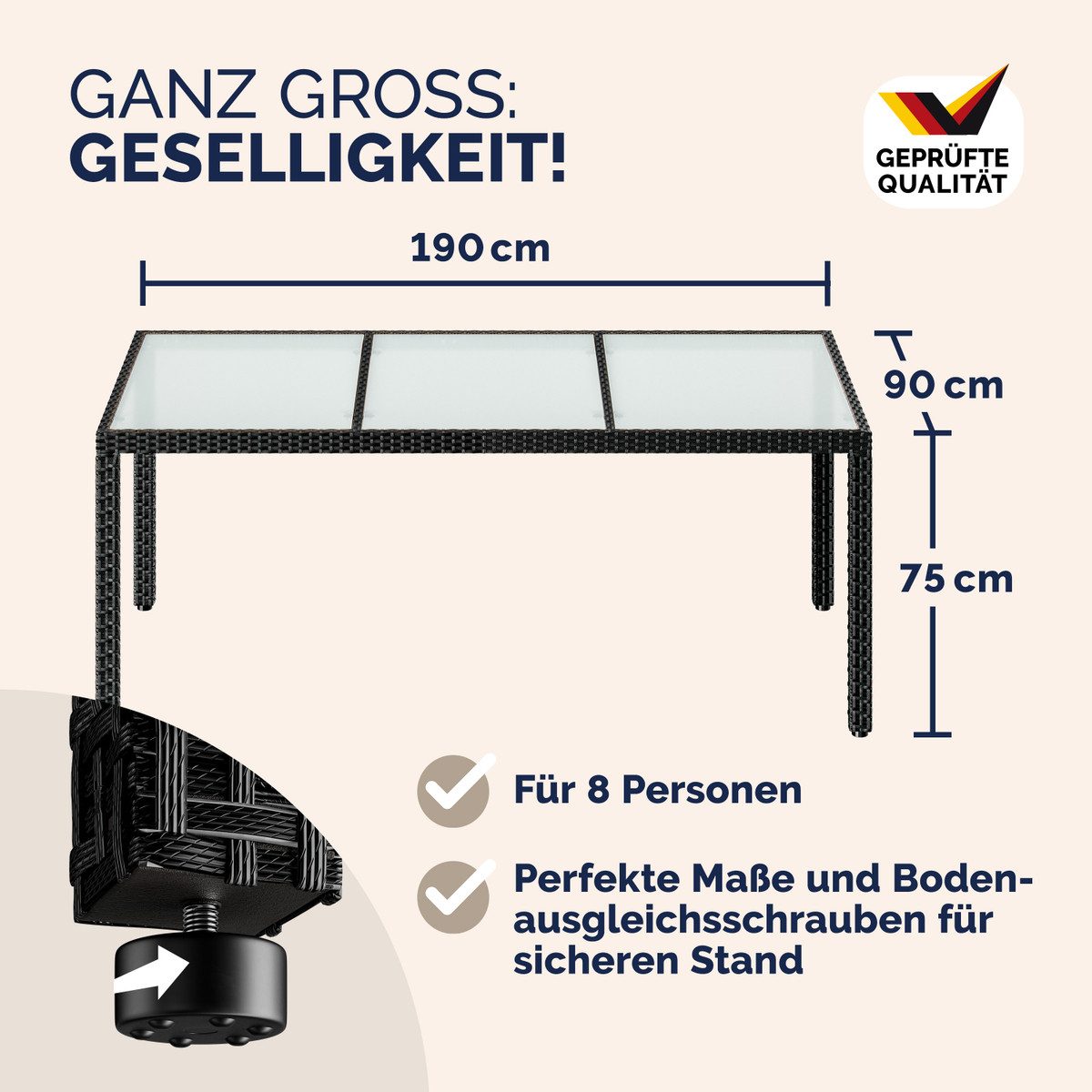 Casaria Gartentisch, Wetterfest 190x90cm Polyrattan Höhenverstellbar günstig online kaufen