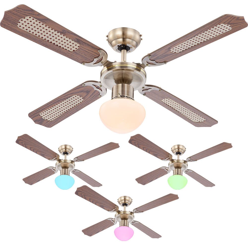 etc-shop Deckenventilator, RGB LED Deckenventilator Zugschalter leise Fernbedienung Altmessing