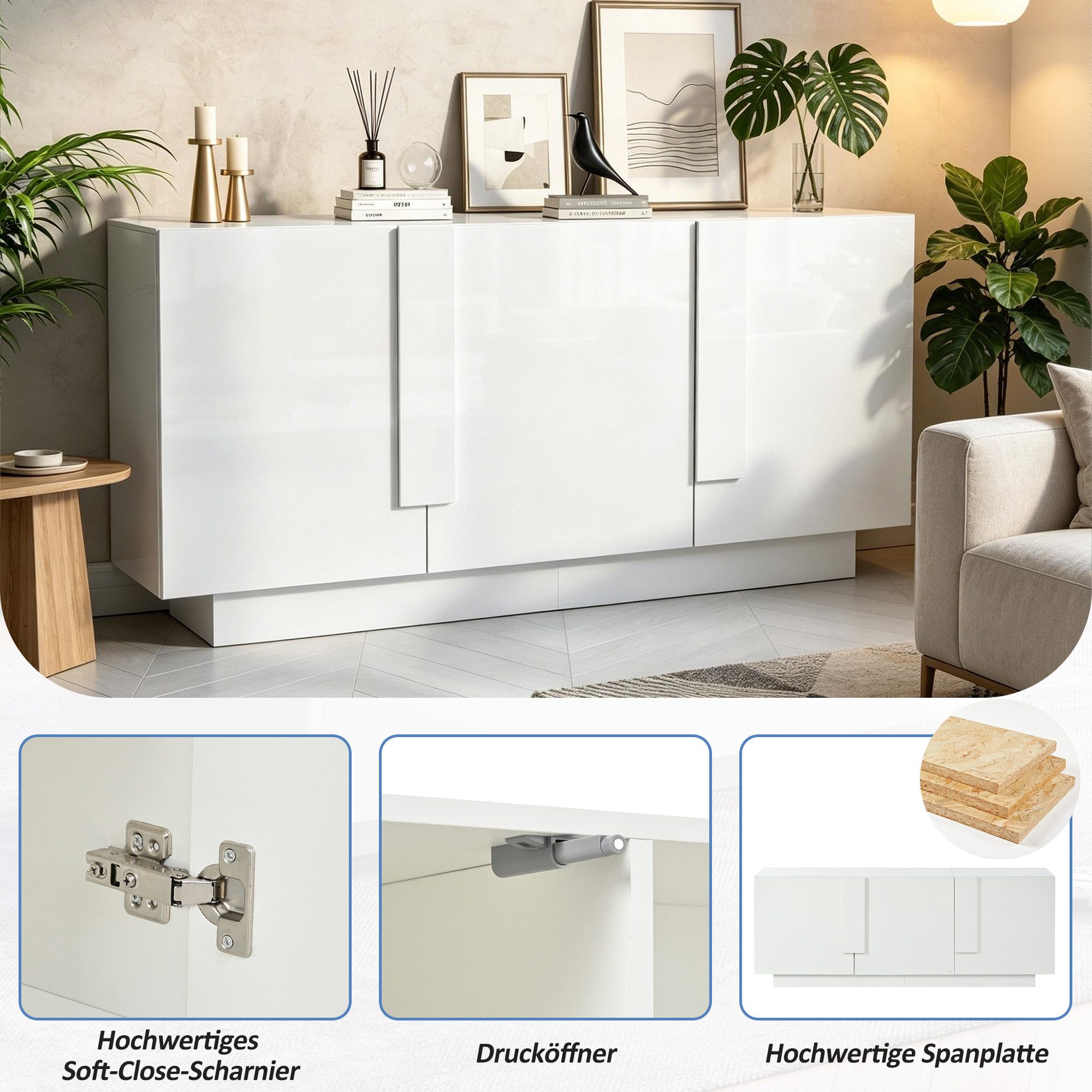 Merax Sideboard Hochglanz Kommode (35 x 160 x 60 cm, 1 St), Wohnzimmerschrank mit 3 Türen, 6 Fächern & großem Stauraum – Bild 5 von 5