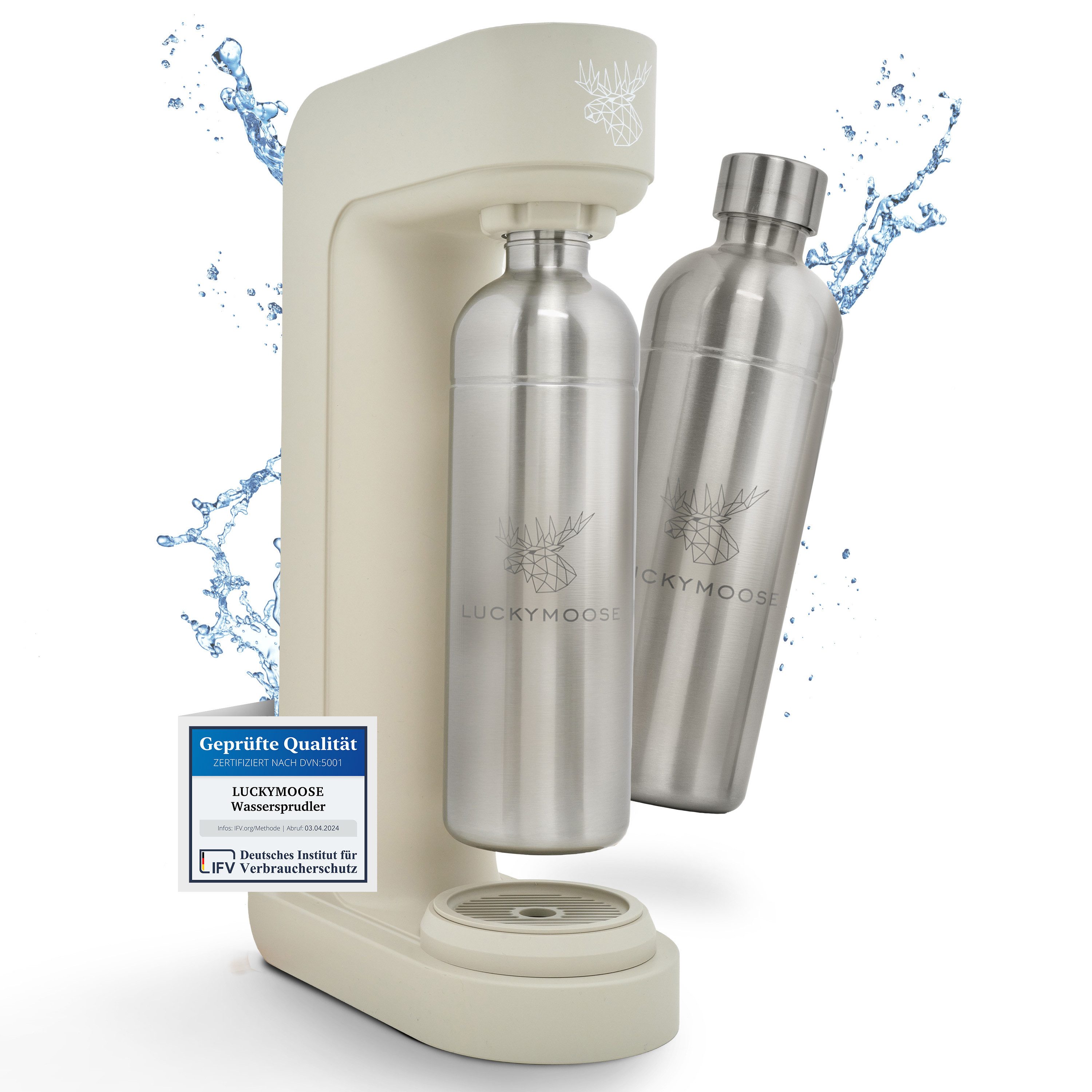 Luckymoose Wassersprudler Infinity mit 2x 1,25L spülmaschinenfesten Edelstahlflaschen, (2x Silber-tlg), Spart bis zu 25% CO2, Flaschen spülmaschinenfest & ohne Ablaufdatum