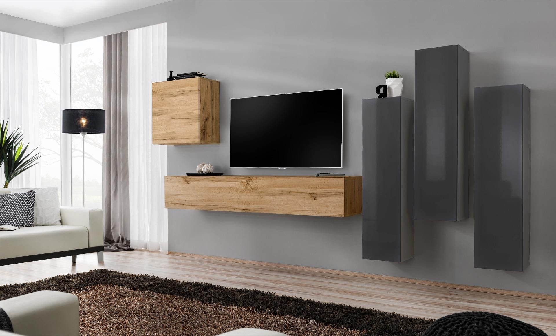 Wohnwand Modernes 5-teiliges Set für Wohnzimmer in Grau und Holz