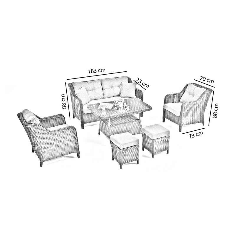 Kuffe Gartenlounge-Set Ascot Gartenmöbel Polyrattan 6-tlg(2er Sofa,Sessel, Hocker,Glas Tisch)