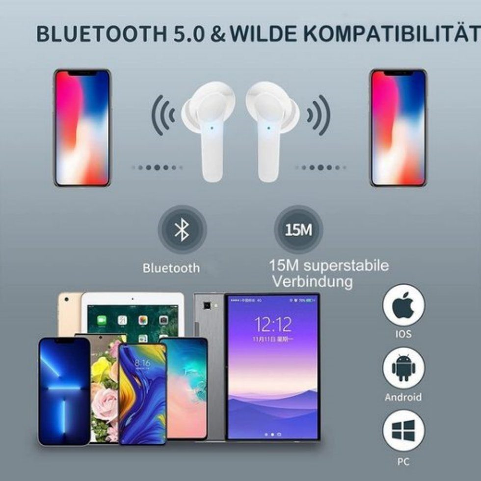 Earbuds Wireless, Ohrhörer Musik, LED Bluetooth-Kopfhörer Wasserdicht, Touch) Stereo Steuerung Wireless Bluetooth für Headset Kopfhörer Bluetooth, (True HiFi Anrufe Weiß Ladestandsanzeige, REDOM und Voice Assistant,