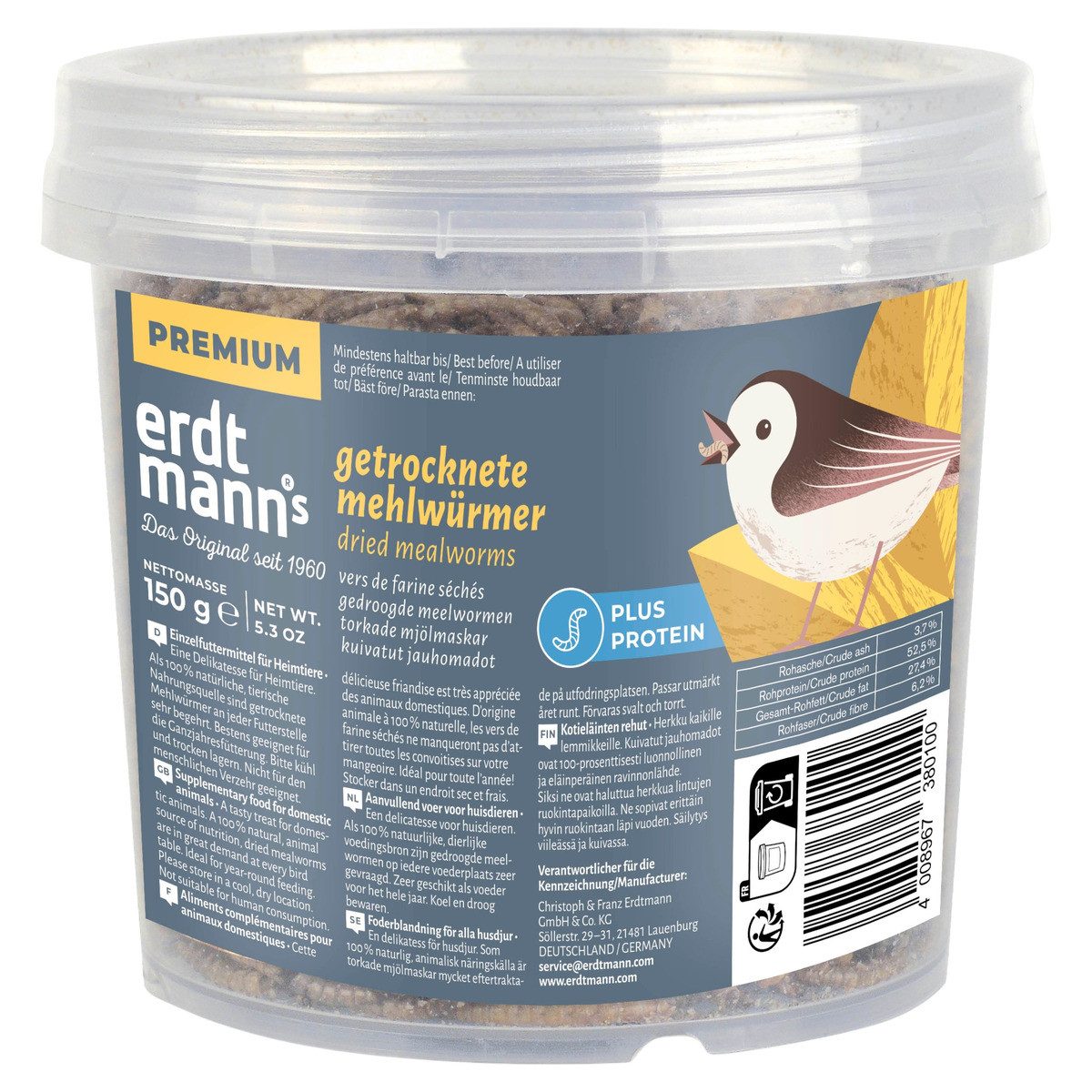 Erdtmann's getrocknete Mehlwürmer 150 g im kleinen Eimer, für: Vogel