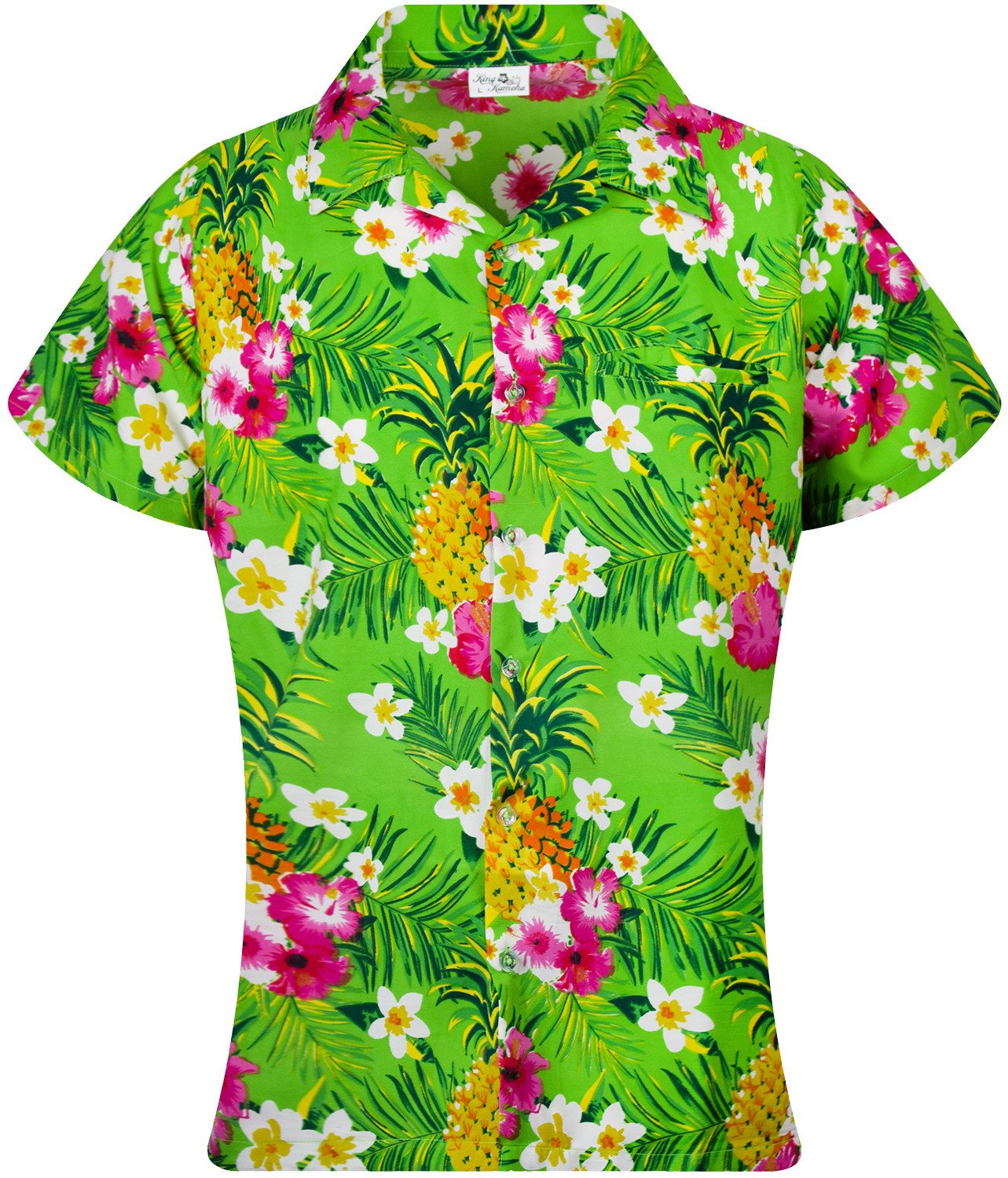 King Kameha Hawaiihemd Pineapple Flowers Funky Hawaiibluse Damen Kurzarm Front-Tasche Stylish
