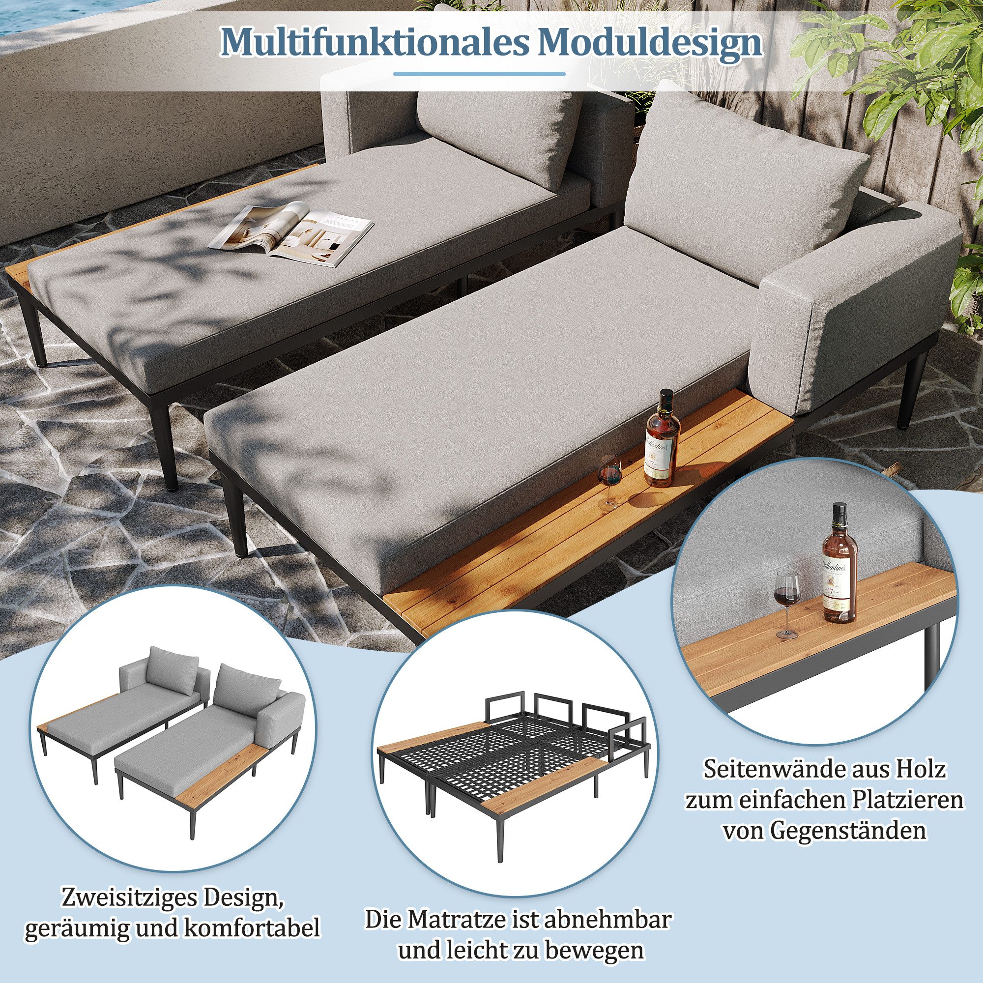 Flieks Gartenliege, Outdoor Doppelliege Schlafsofa Loungesessel Liegestuhl 150x140x55cm