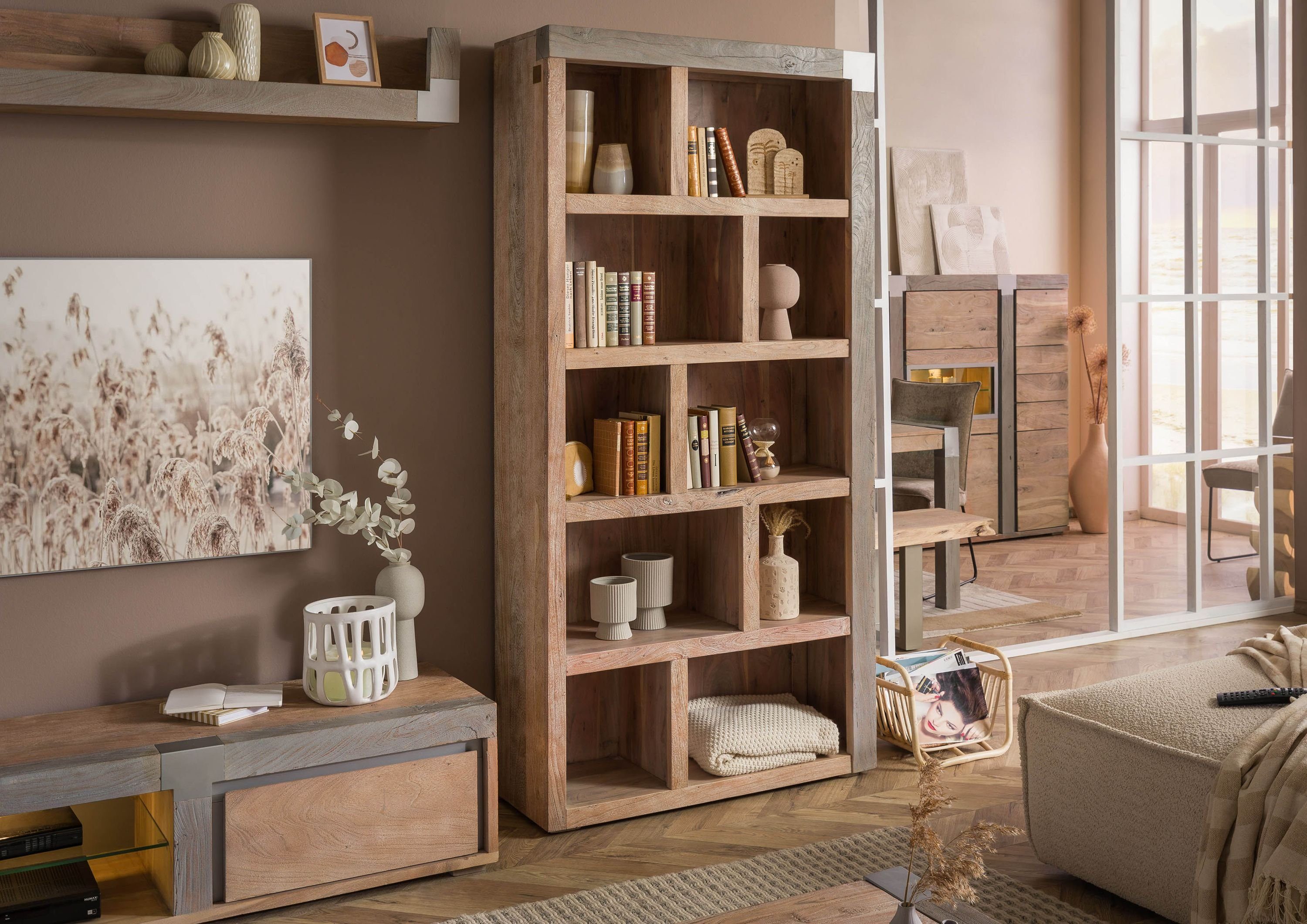 Massivmoebel24 Bücherregal AMSTERDAM, 1-tlg., Standregal Akazie 100x35x204 beige lackiert Amsterdam #121
