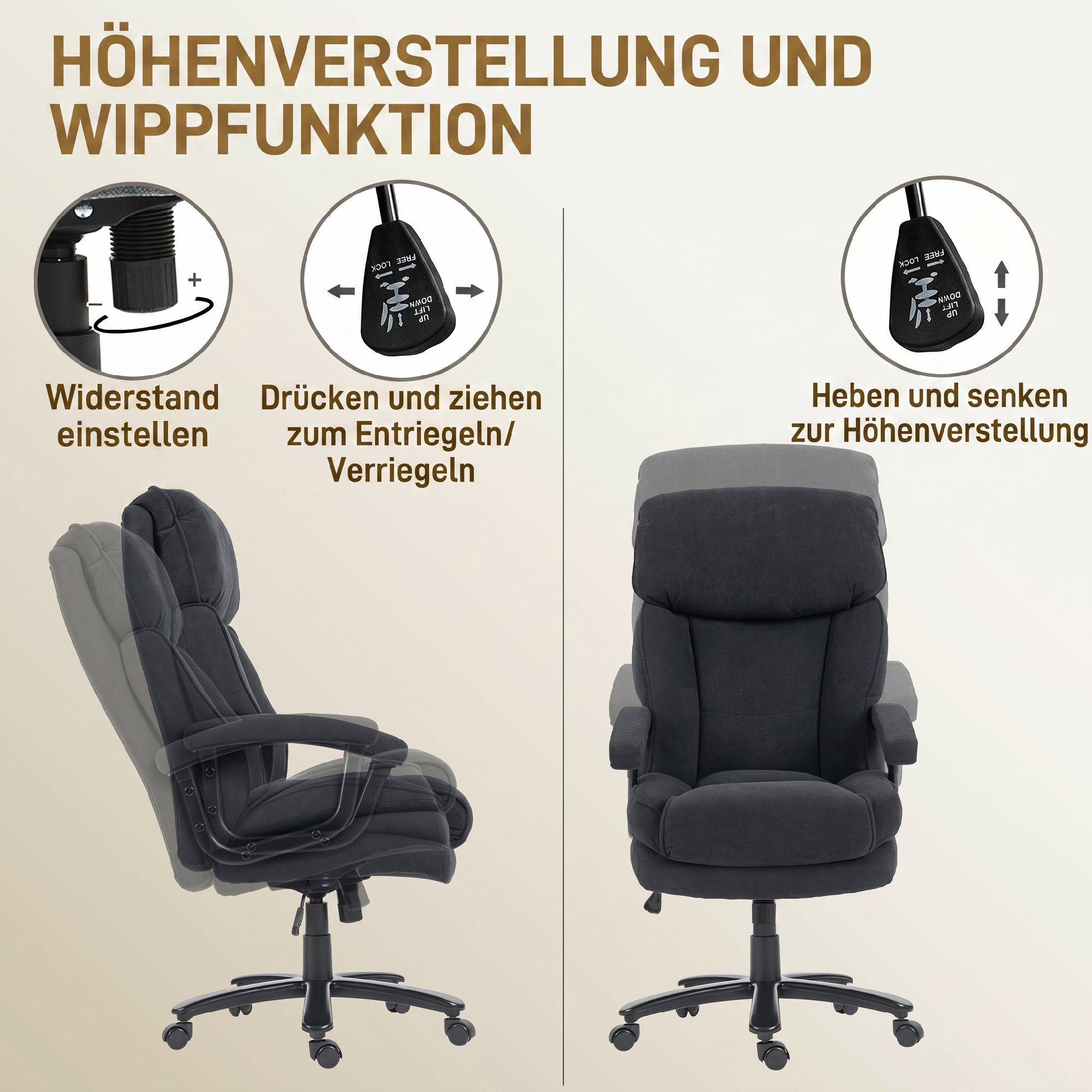 HOMCOM Bürostuhl Chefsessel mit Hoher Rückenlehne, Wippfunktion, Schreibtischstuhl (Set, 1 St), Belastbar bis 200 kg, hoher Rücken – Bild 5 von 5