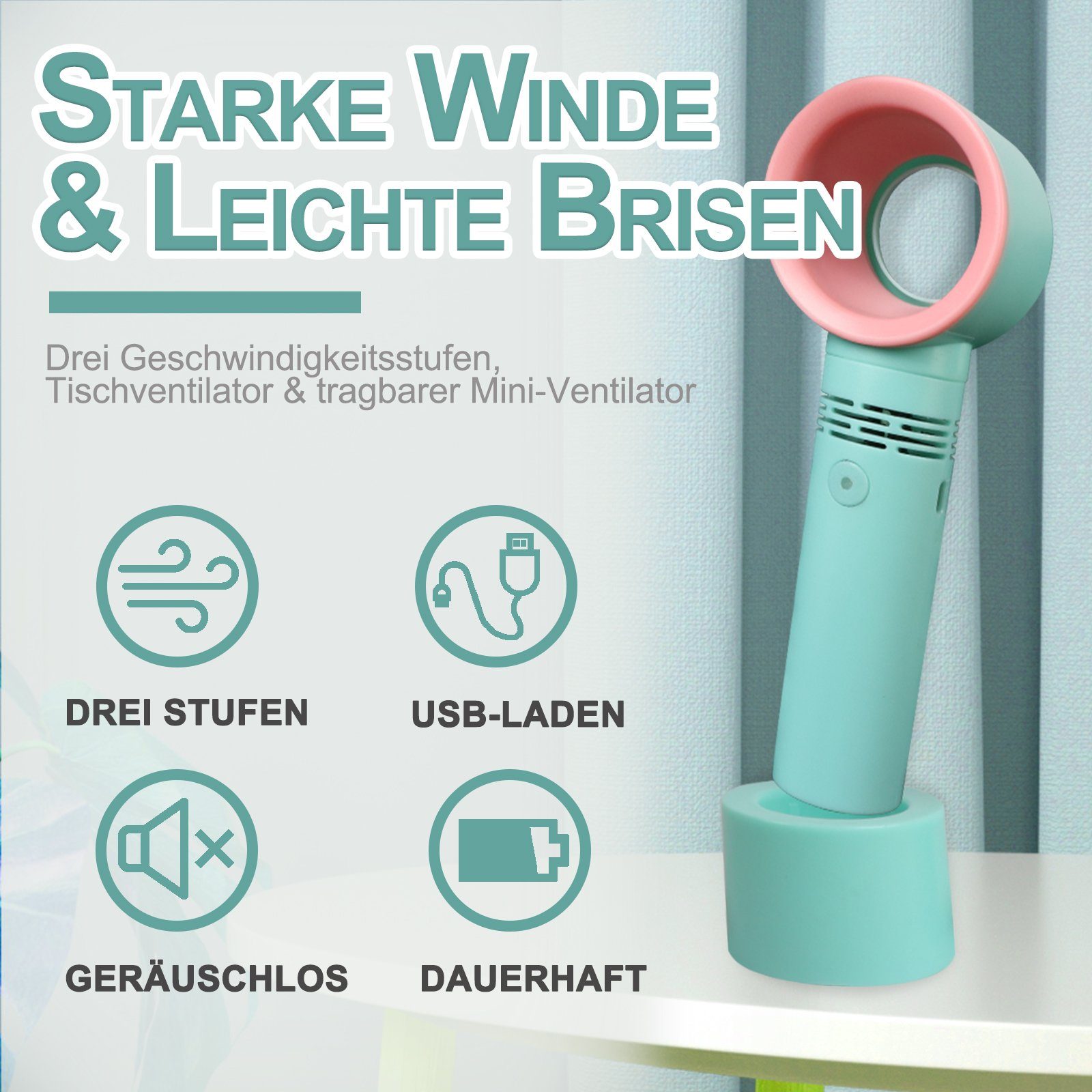 USB-Ventilator Mini 3 Blattloser USB-Ventilatoren, KAHOO Blau Tempo Handventilator,