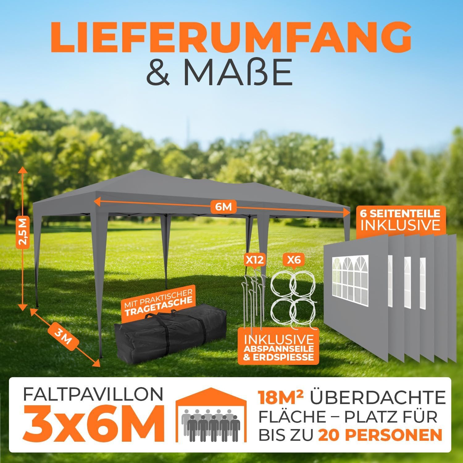 Kronenburg Partyzelt 3x6m wasserdicht - Gartenpavillon, Faltpavillon stabil, UV-Schutz 50+ – Bild 2 von 5