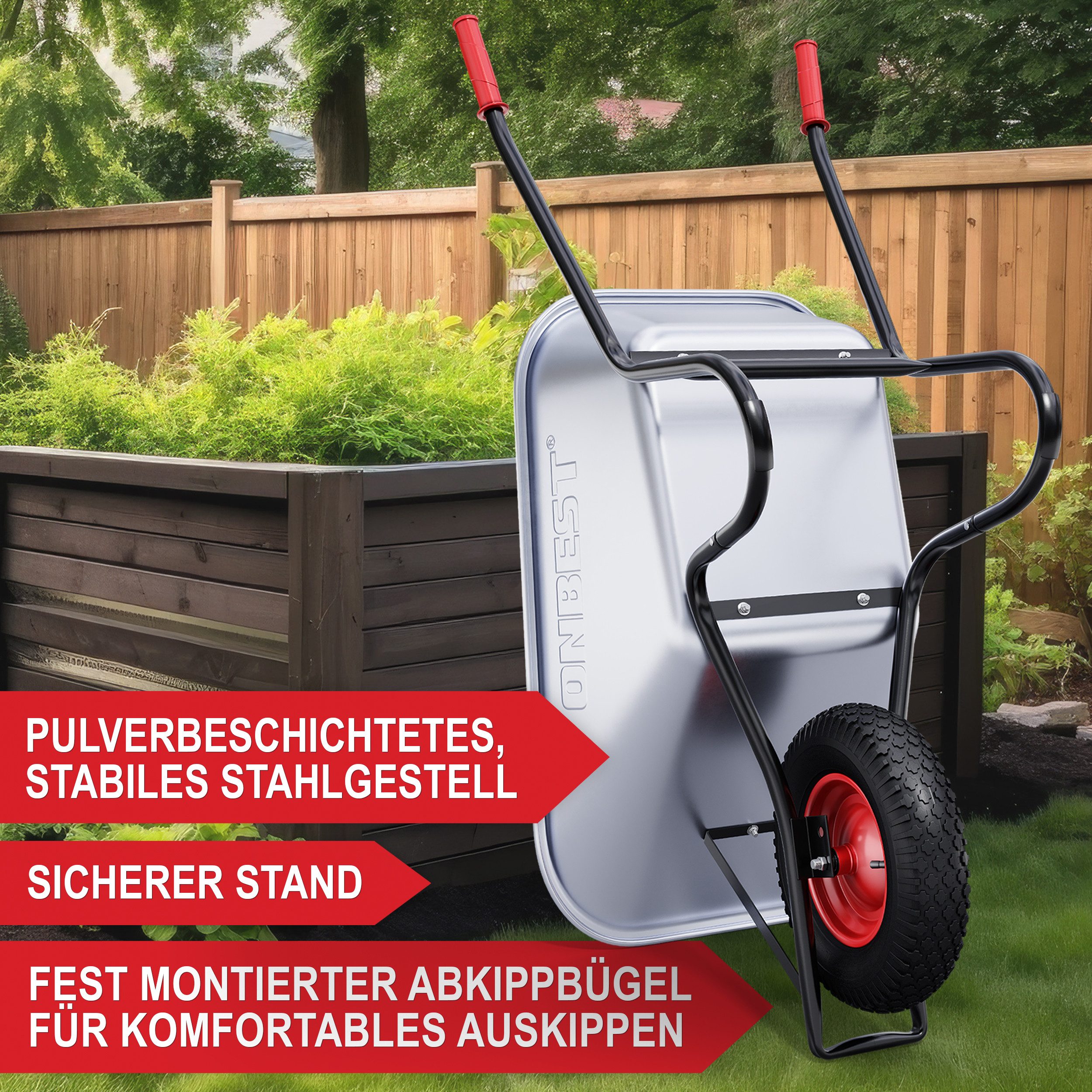 Onbest Schubkarre verzinkt inklusive Gartensack, 100 Liter Volumen, 250 kg, Stahlrahmen, Pulverberschichtet