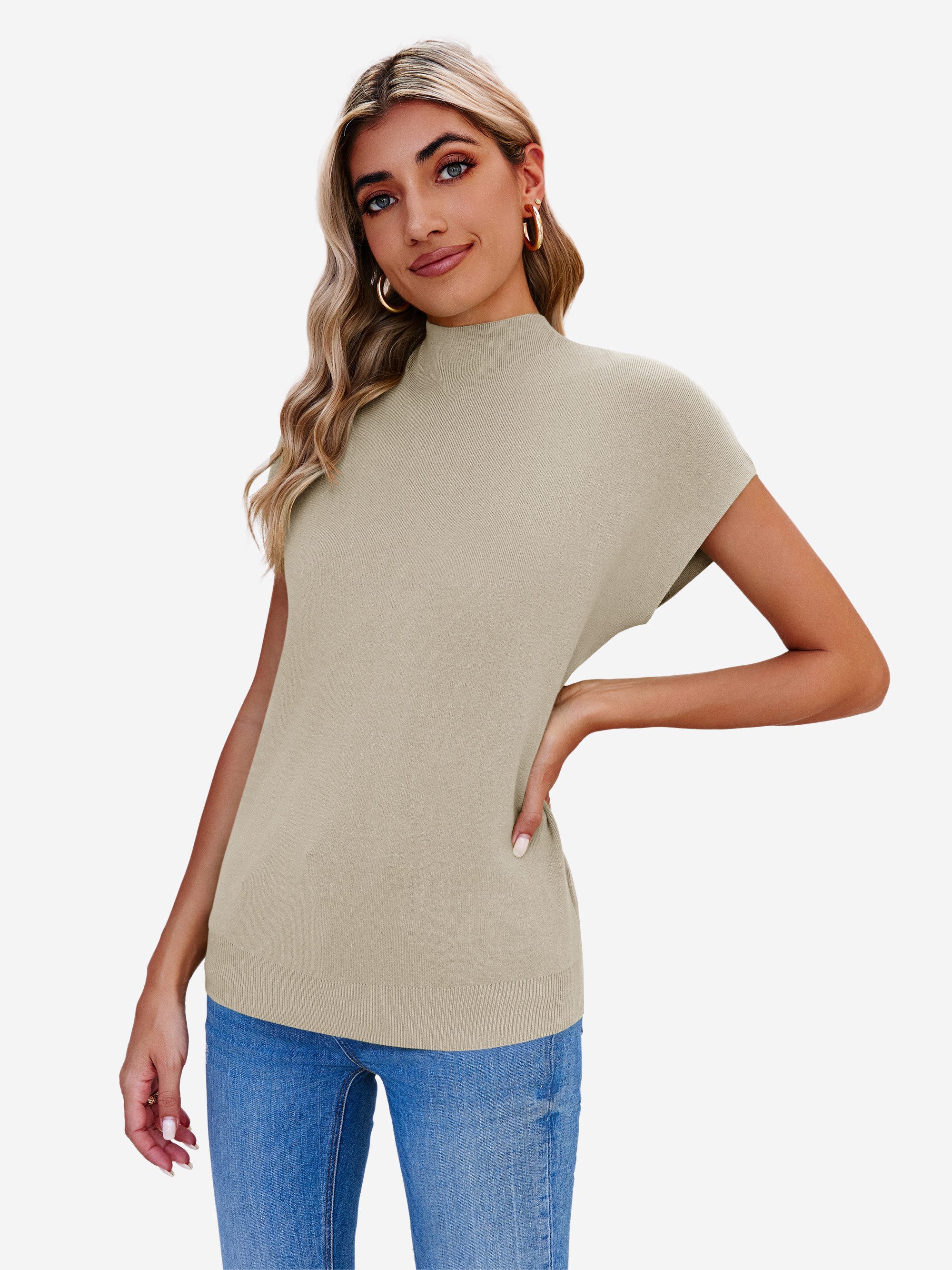 Imily Bela Strickpullover Damen Kurzarm Stehkragen Pullover (Packung, 1-tlg., 1per-Pack) Rippbündchen