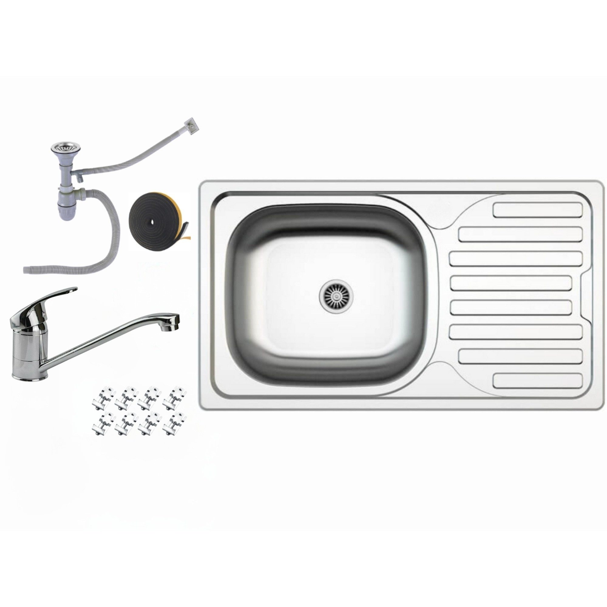 Faizee Möbel Edelstahlspüle 76x44 Edelstahlspüle Abtropffläche Küchenspülbecken Siphon, Eckig mit Armatur klein Chrom, 76/15 cm